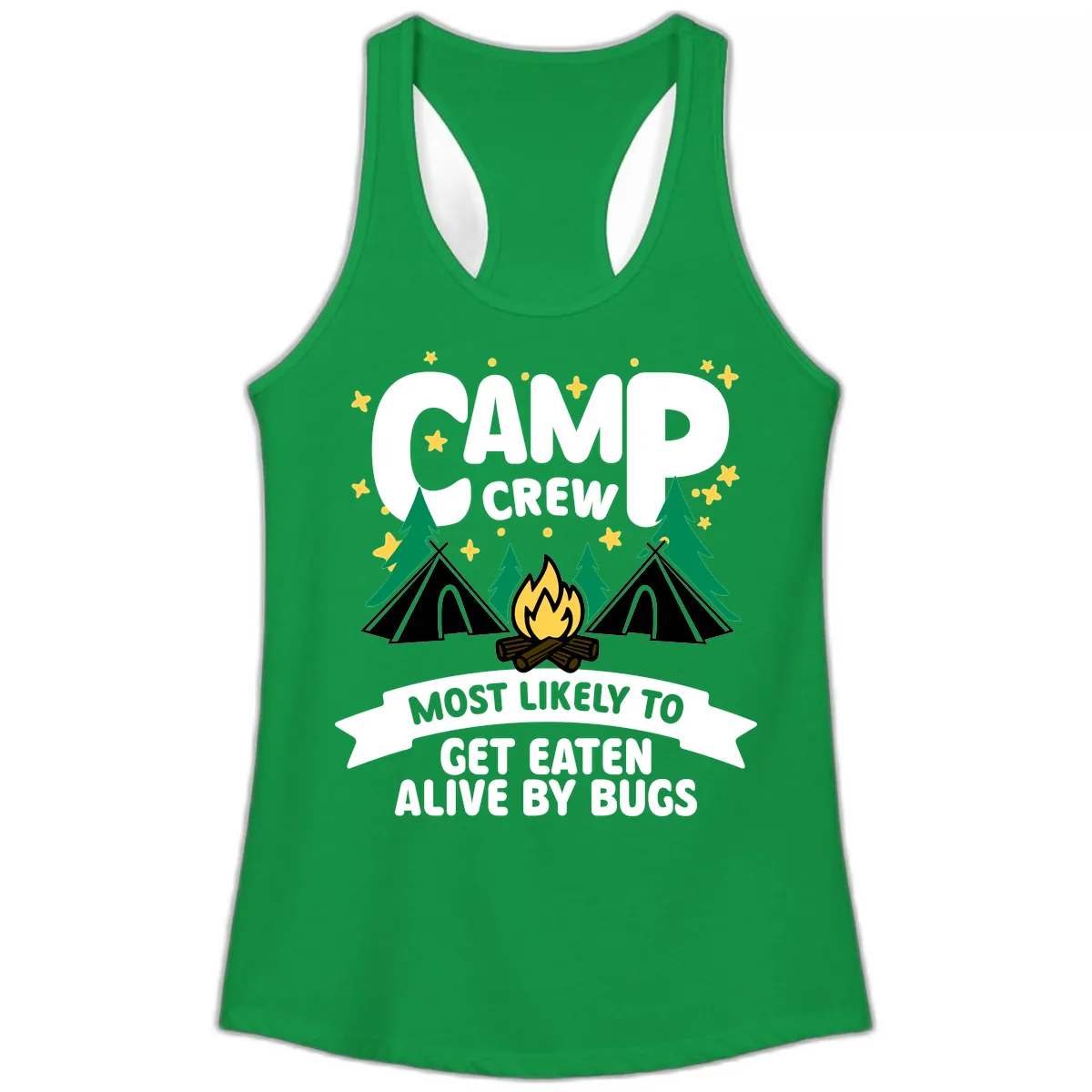 Camp Crew Most Likely To Get Eaten By Bugs Ladies Tank in Solid Kelly Green