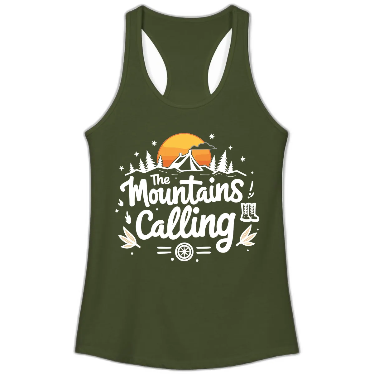 The Mountains Calling Ladies Tank in Solid Military Green