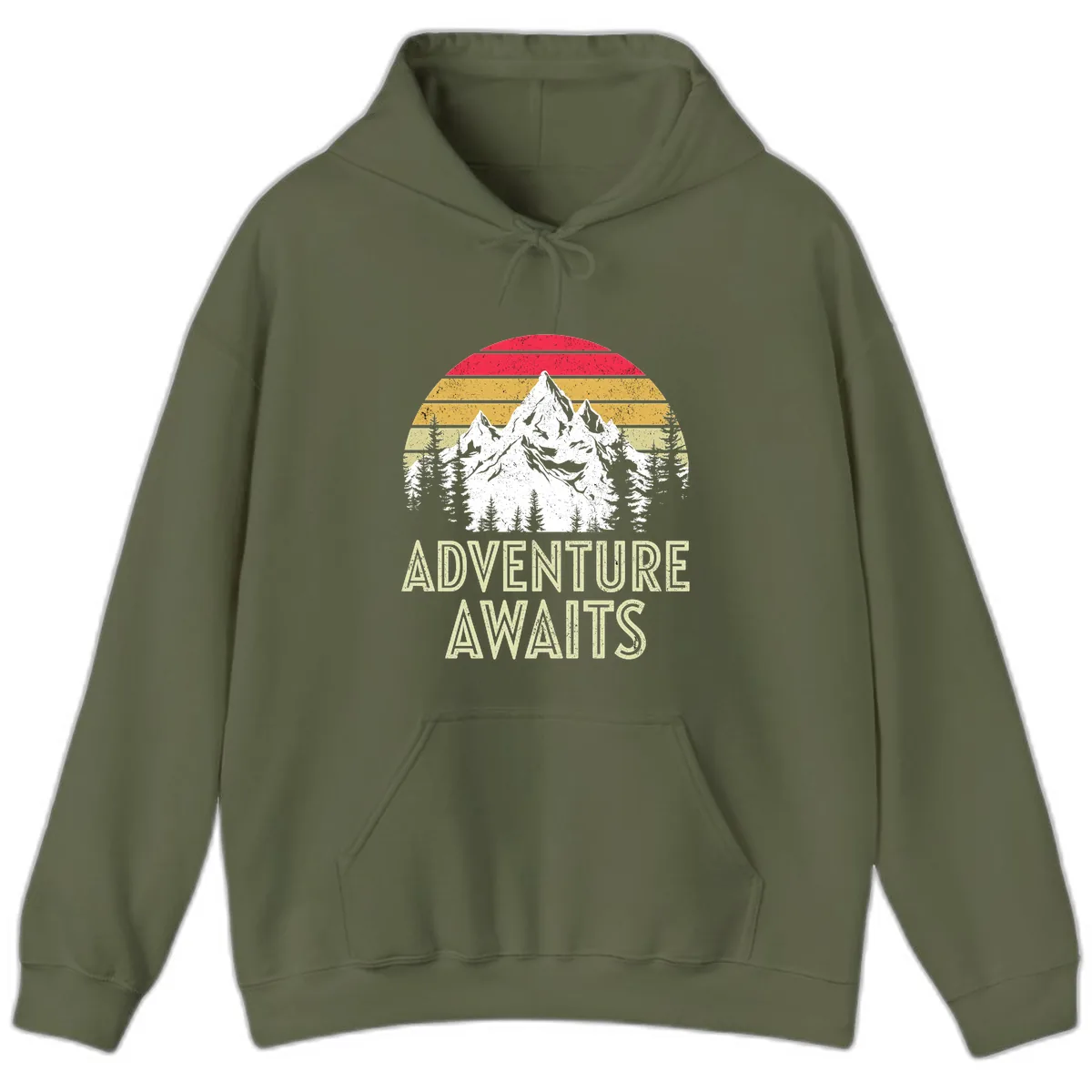 Adventure Awaits Mountain Sunset Hoodie in Military Green
