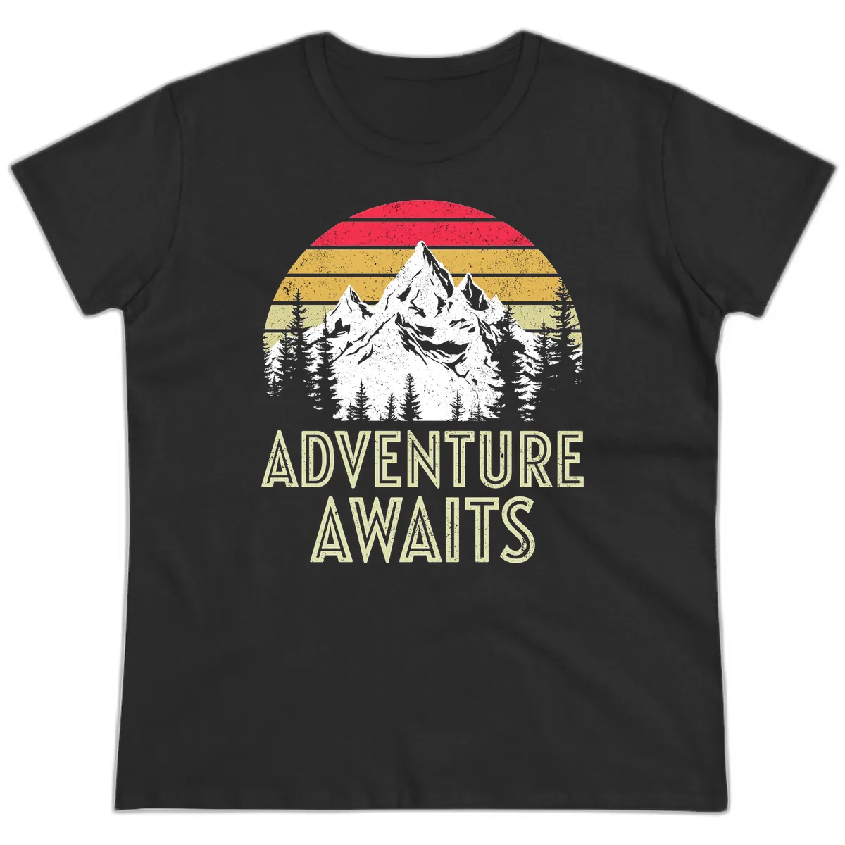 Adventure Awaits Mountain Sunset Ladies Tee in Black