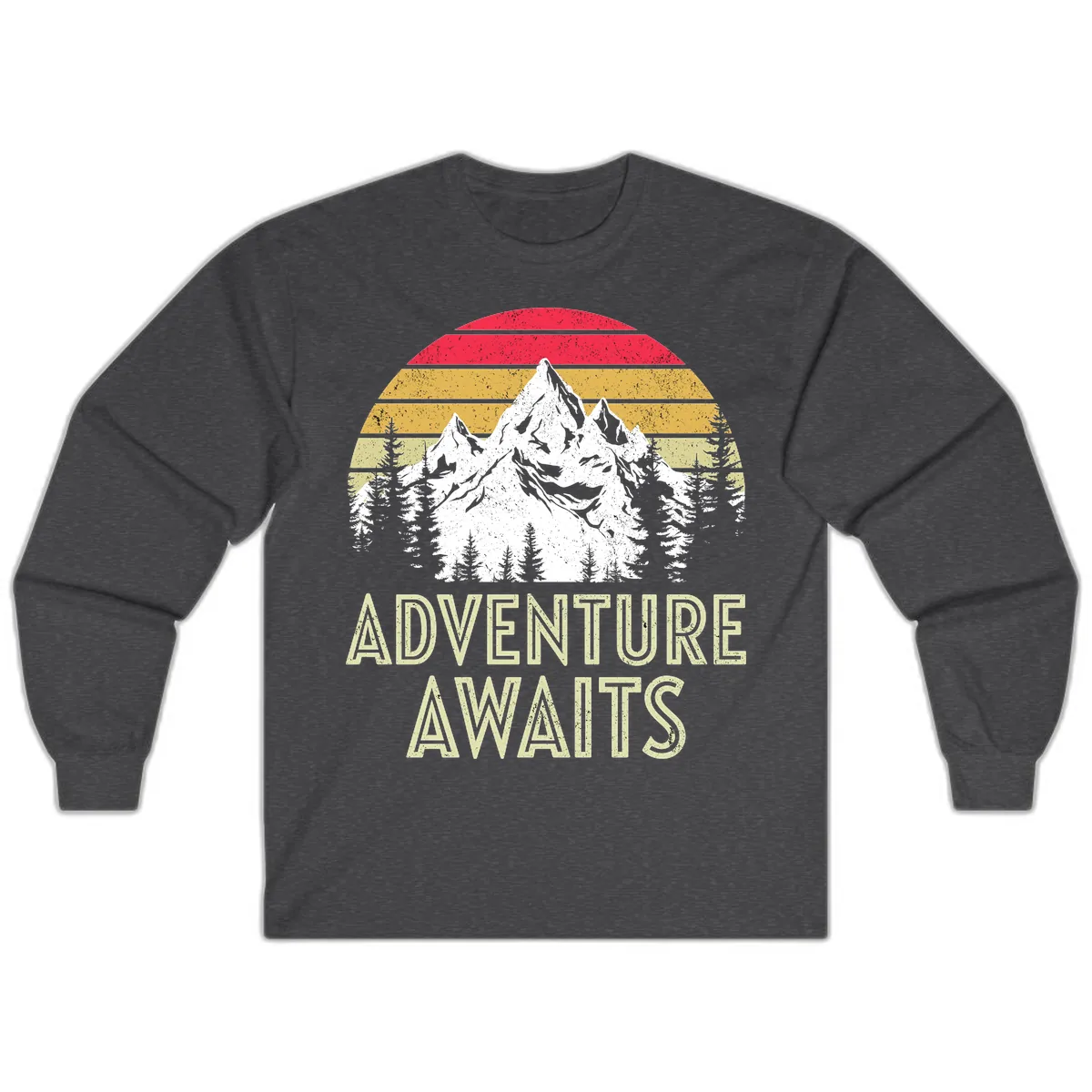 Adventure Awaits Mountain Sunset Long Sleeve in Dark Heather