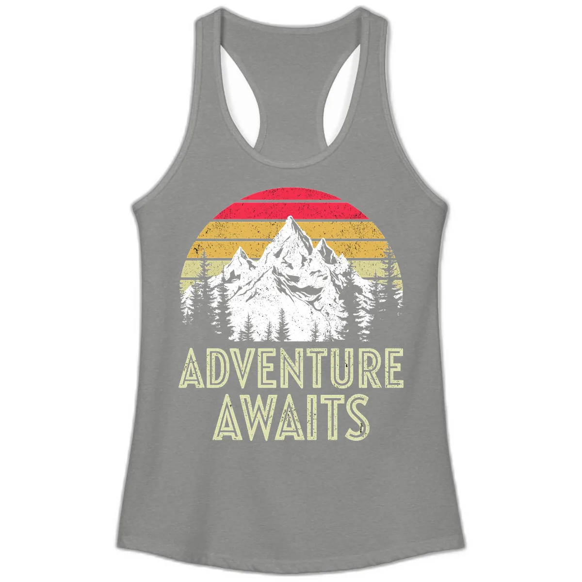 Adventure Awaits Mountain Sunset Ladies Tank in Heather Grey