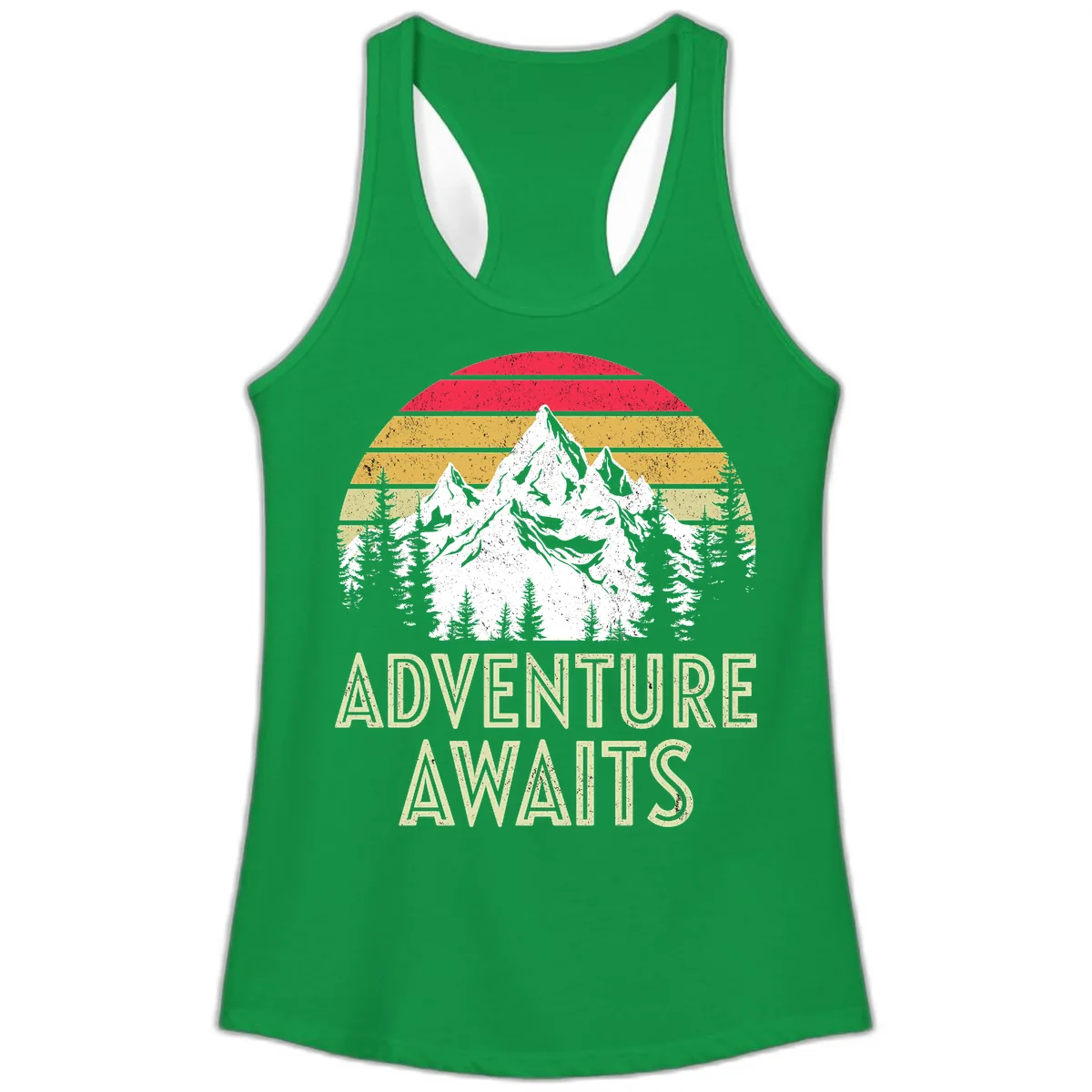 Adventure Awaits Mountain Sunset Ladies Tank in Solid Kelly Green
