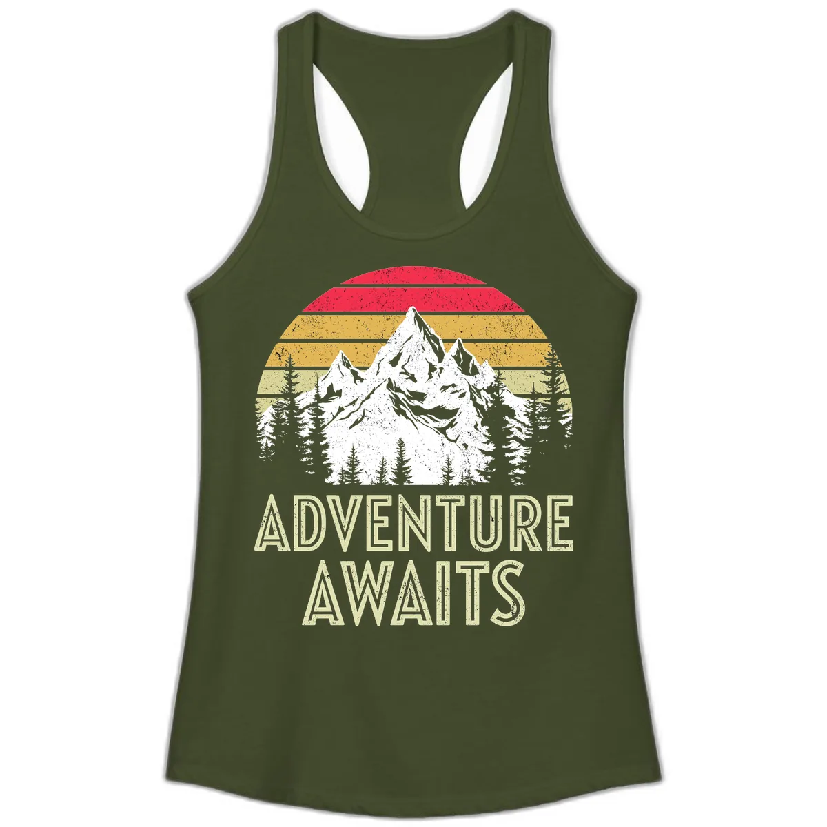 Adventure Awaits Mountain Sunset Ladies Tank in Solid Military Green