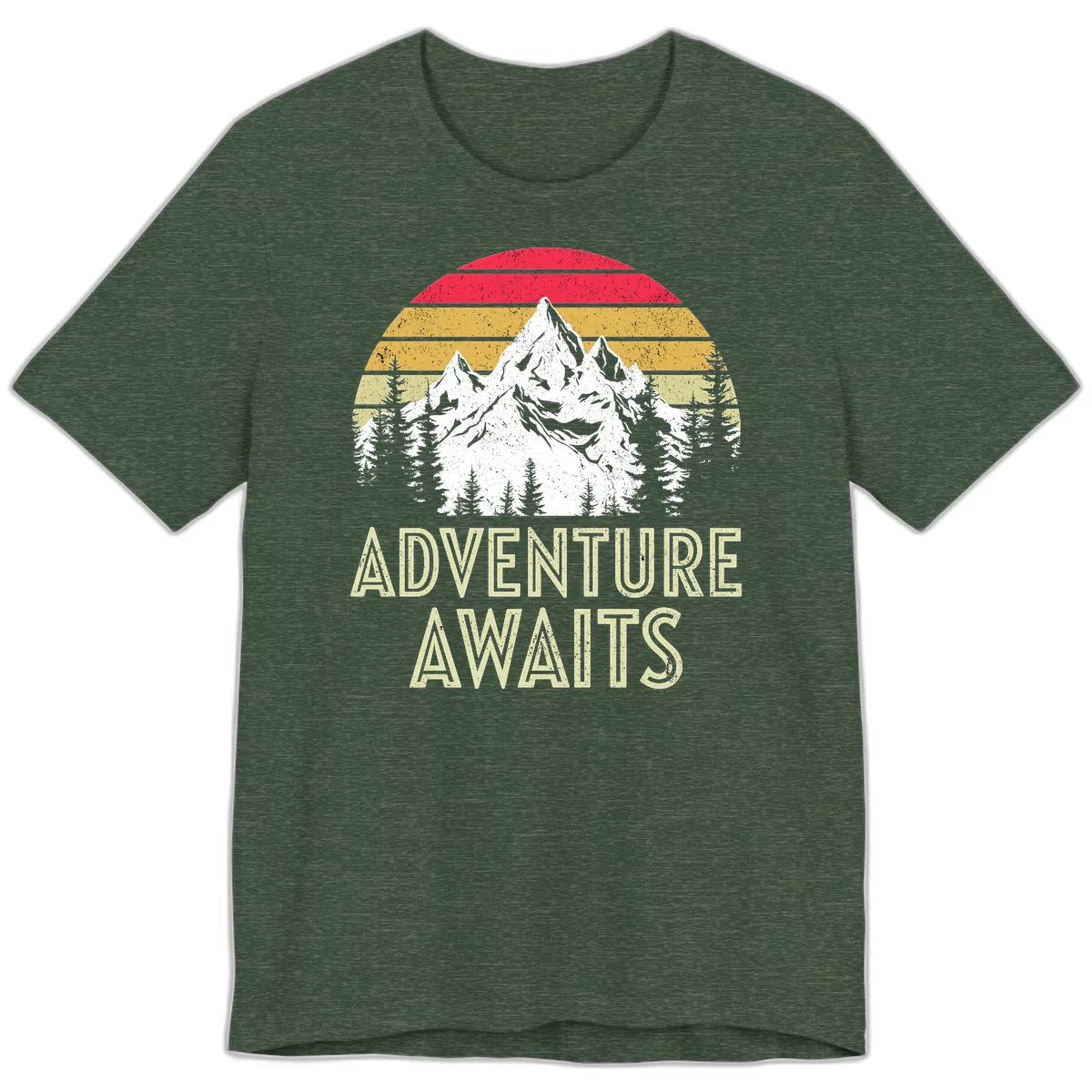 Adventure Awaits Mountain Sunset Premium T-Shirt in Heather Forest