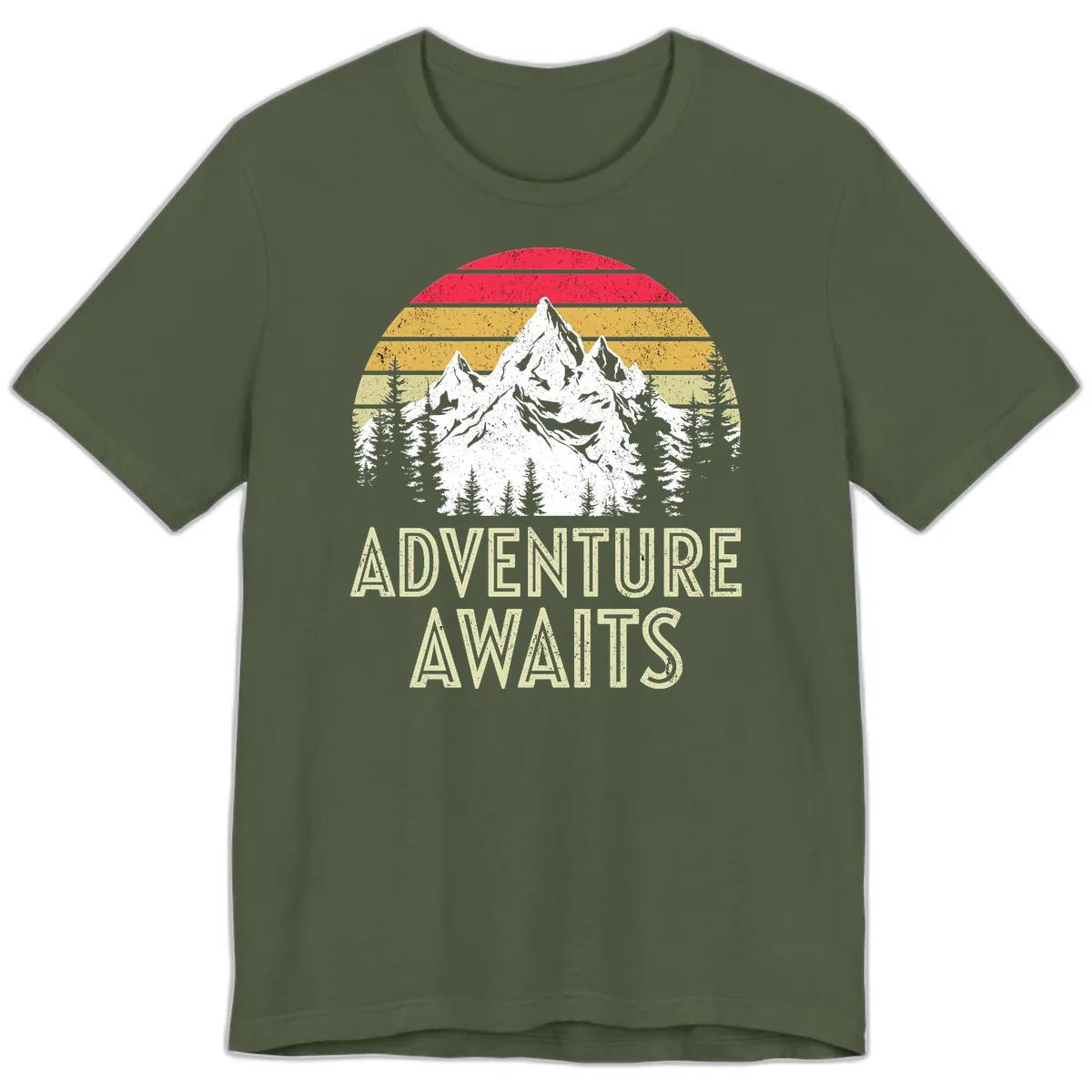 Adventure Awaits Mountain Sunset Premium T-Shirt in Military Green
