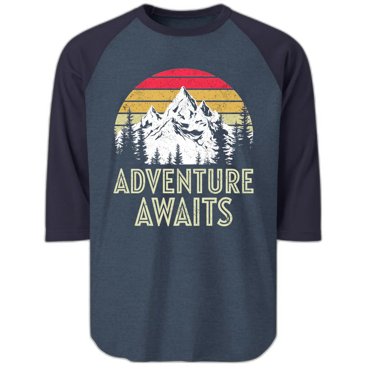 Adventure Awaits Mountain Sunset Raglan 3/4 in Heather Denim Navy