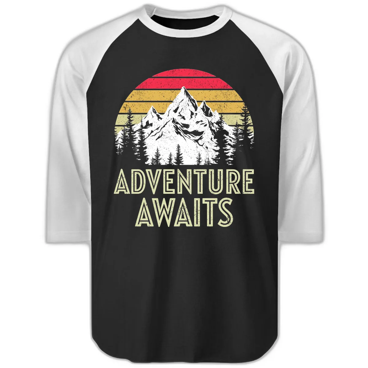 Adventure Awaits Mountain Sunset Raglan 3/4 in Black White