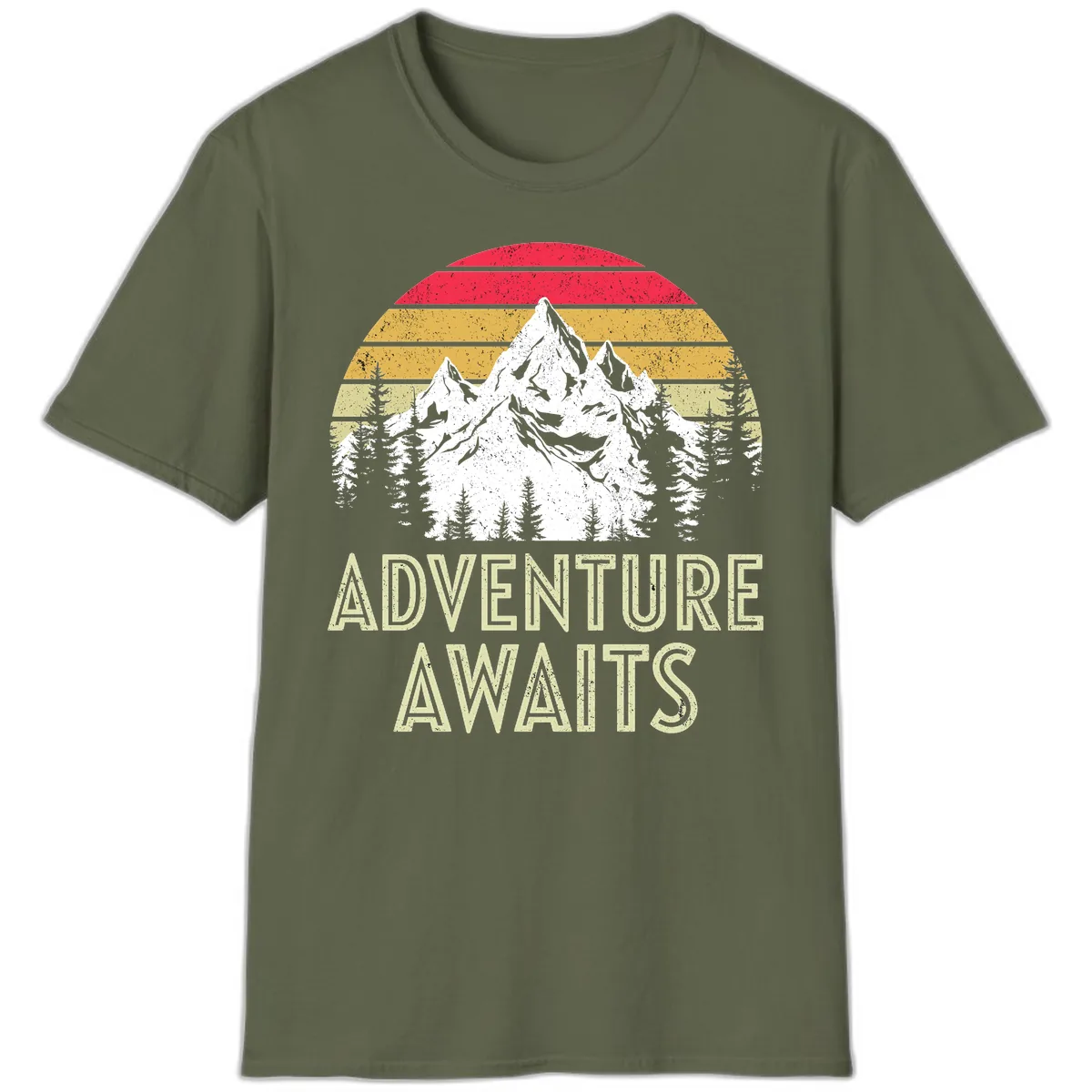 Adventure Awaits Mountain Sunset T-Shirt in Military Green
