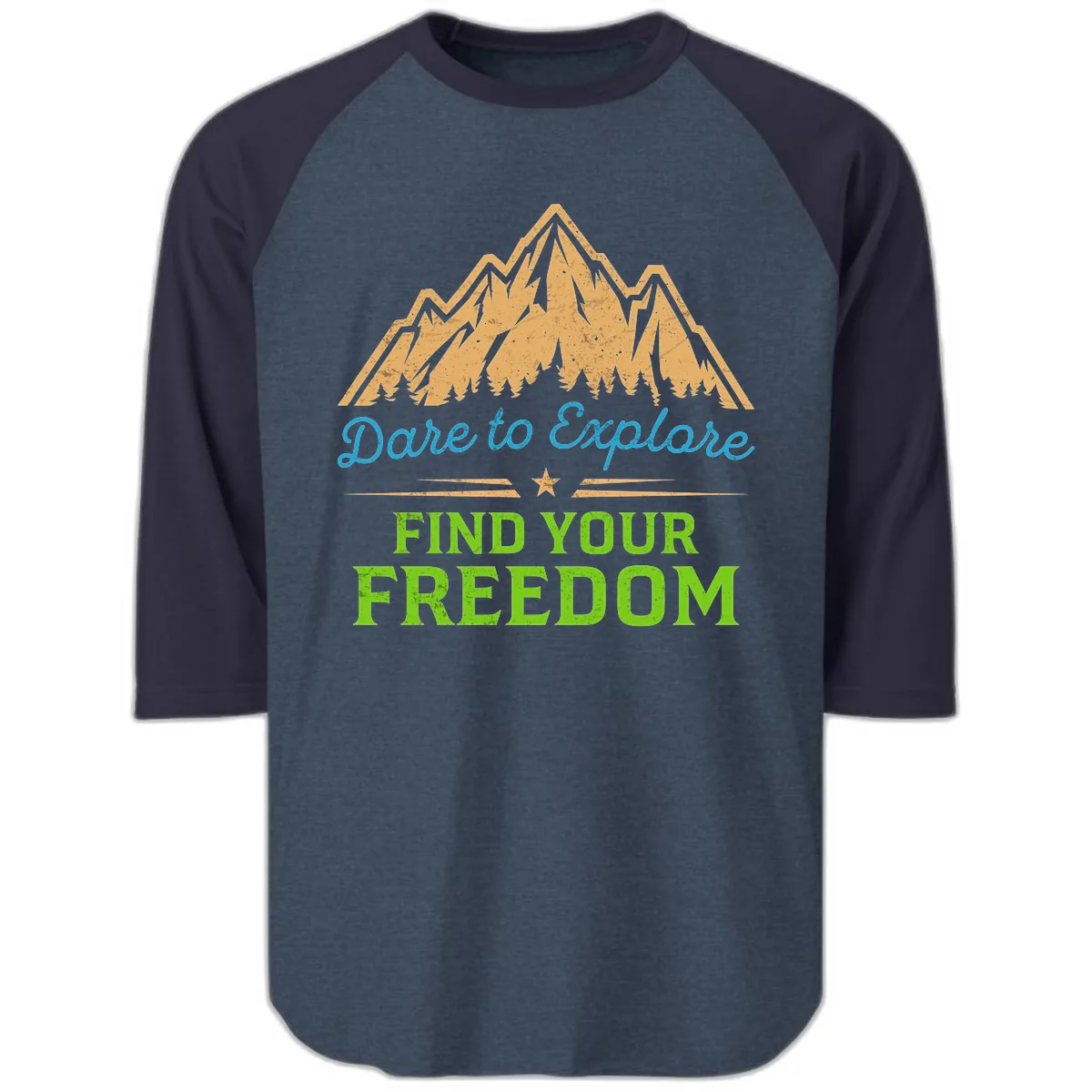 Dare To Explore Find Your Freedom Raglan 3/4 in Heather Denim Navy