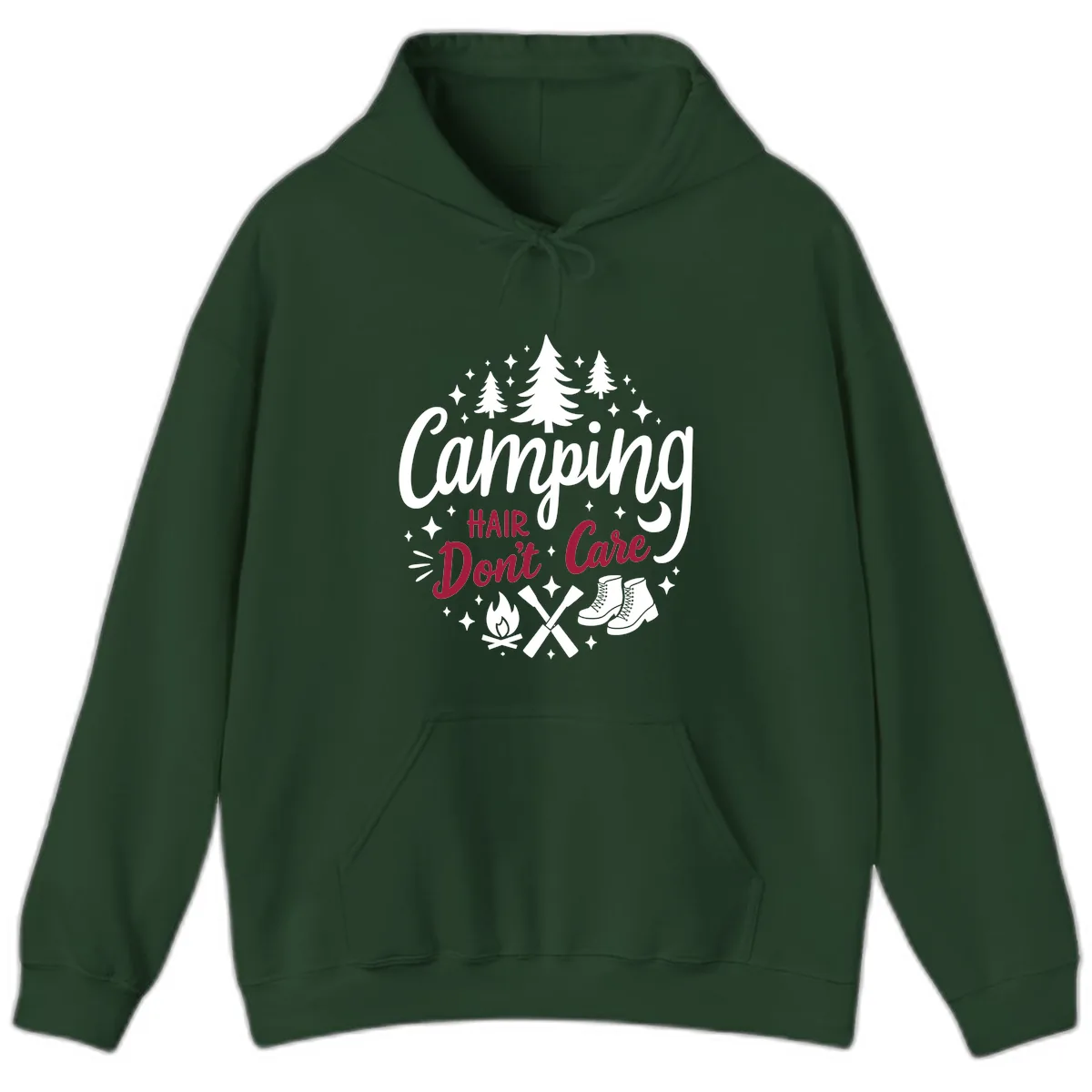 Camping Hair Don't Care Hoodie in Forest Green