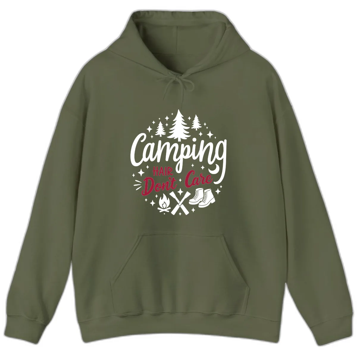 Camping Hair Don't Care Hoodie in Military Green