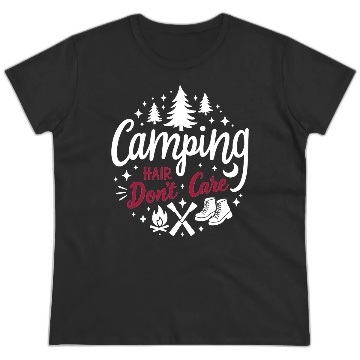 Camping Hair Don't Care Ladies Tee in Black