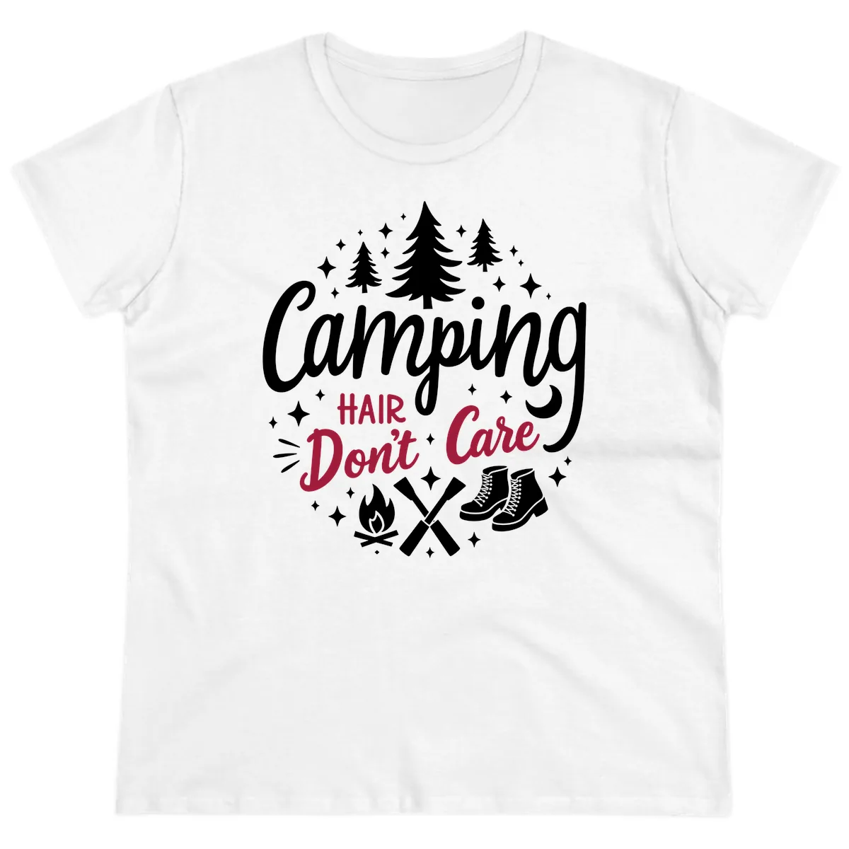 Camping Hair Don't Care Ladies Tee in White