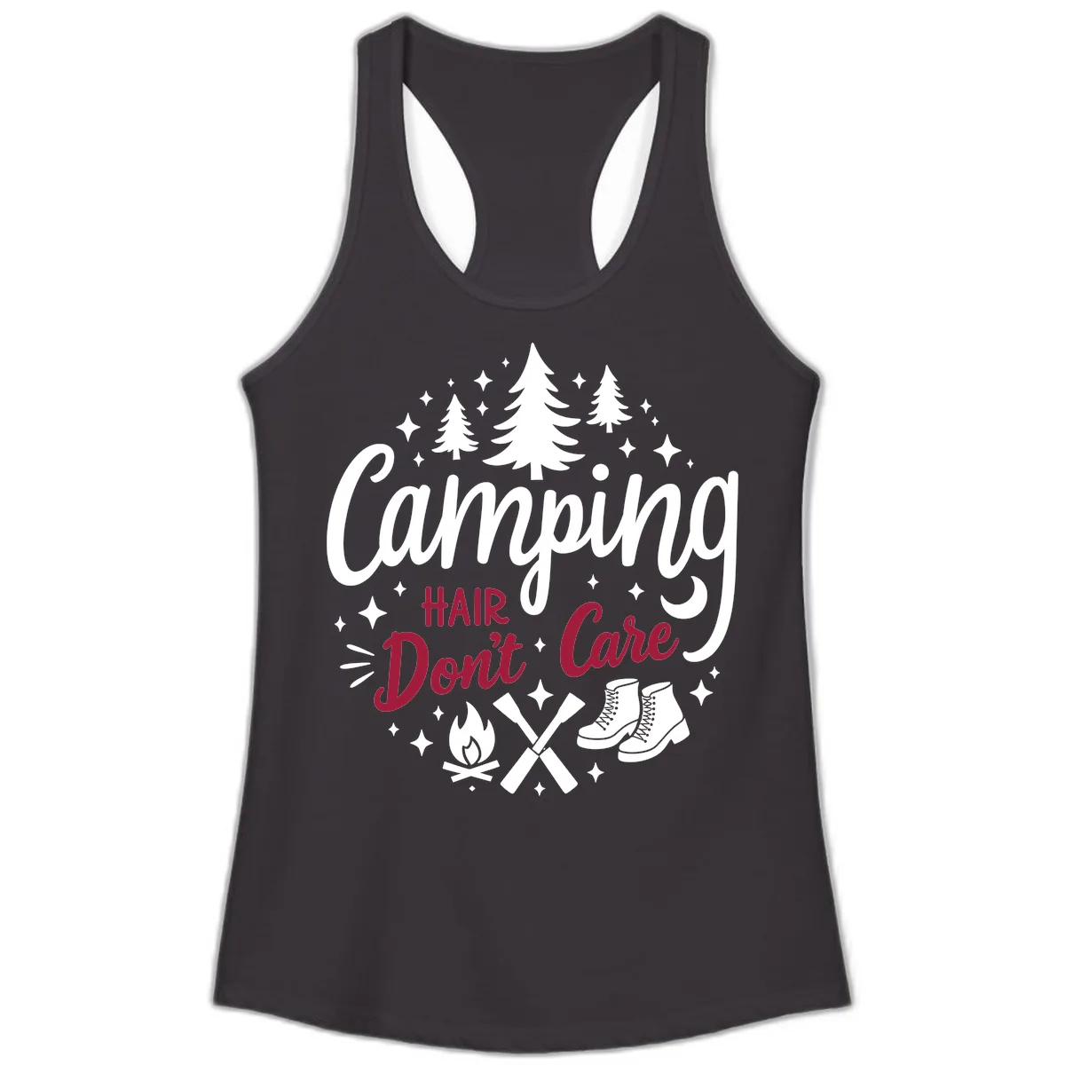 Camping Hair Don't Care Ladies Tank in Black