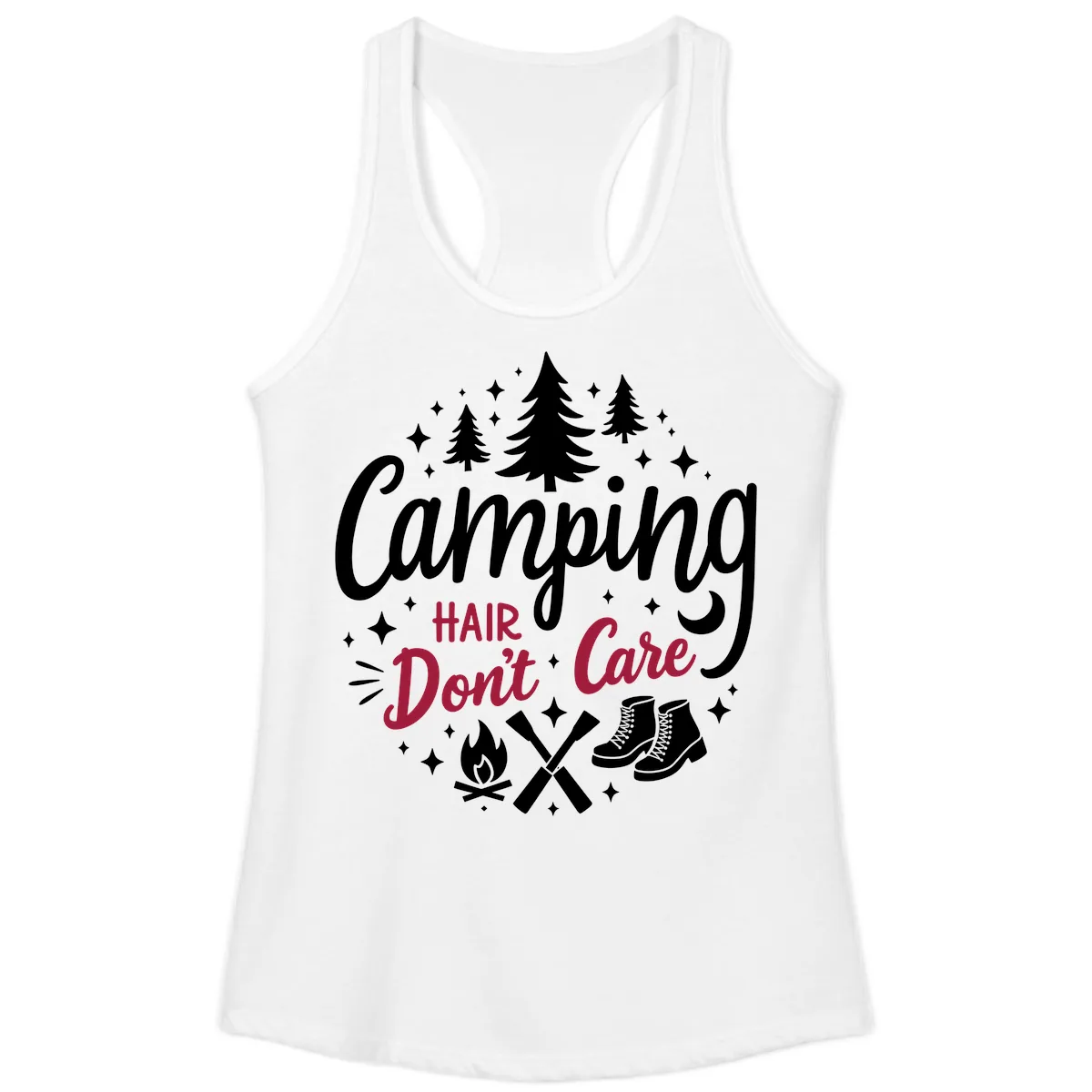 Camping Hair Don't Care Ladies Tank in White