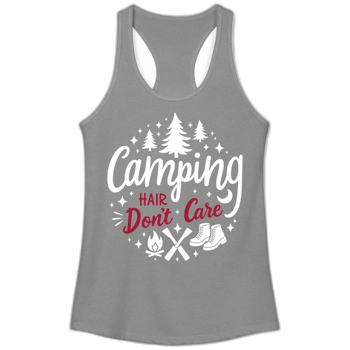 Camping Hair Don't Care Ladies Tank in Heather Grey