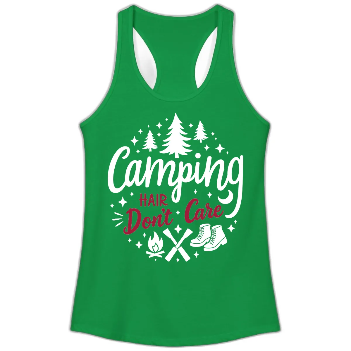 Camping Hair Don't Care Ladies Tank in Solid Kelly Green