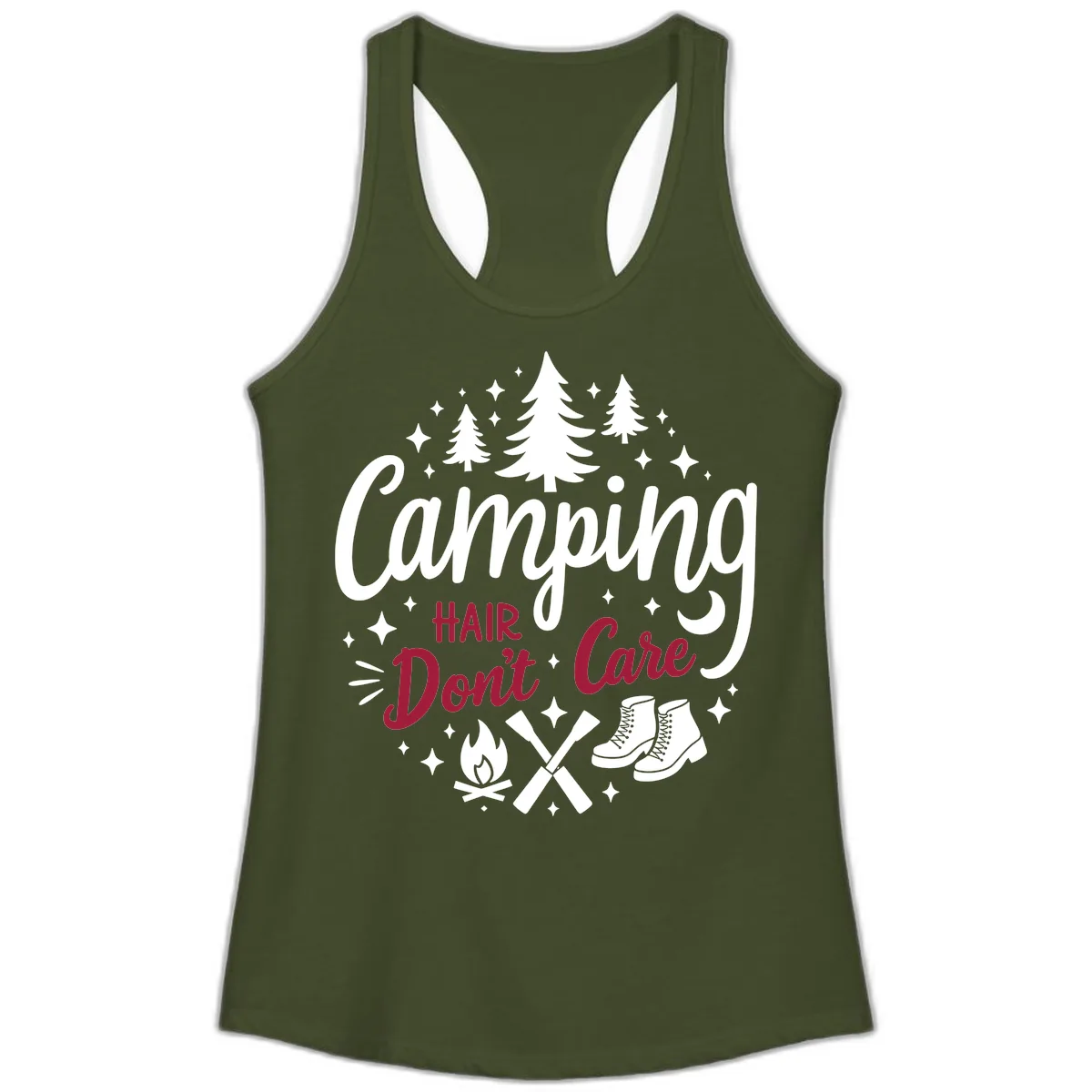 Camping Hair Don't Care Ladies Tank in Solid Military Green