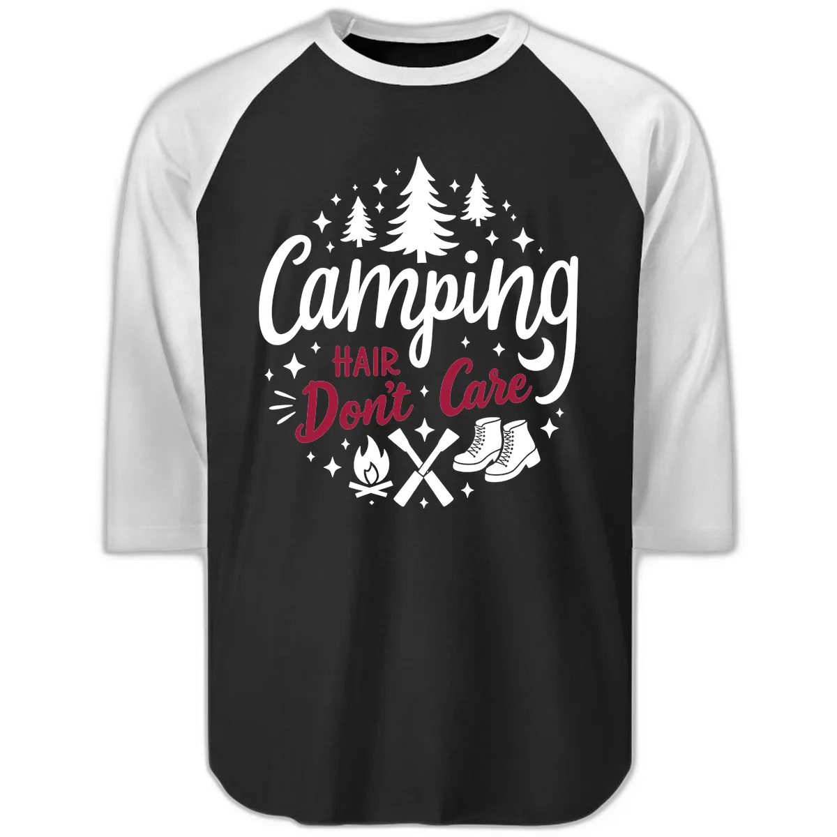 Camping Hair Don't Care Raglan 3/4 in Black White