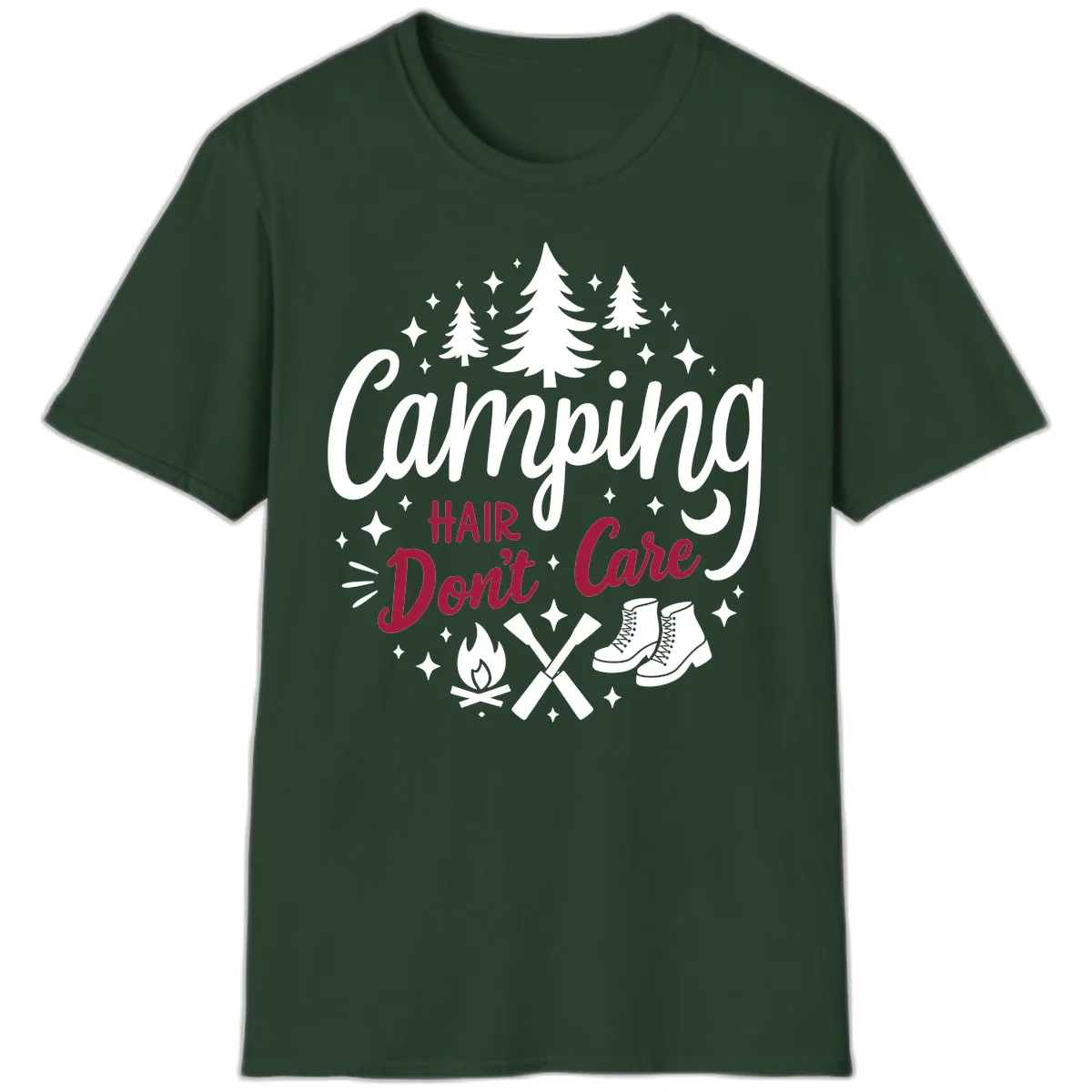 Camping Hair Don't Care T-Shirt in Forest Green