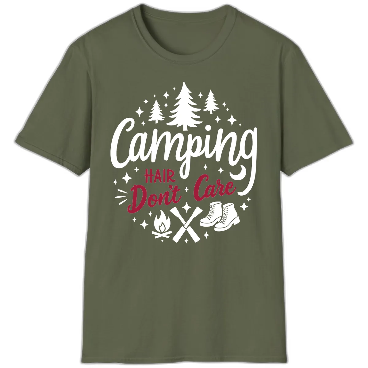 Camping Hair Don't Care T-Shirt in Military Green