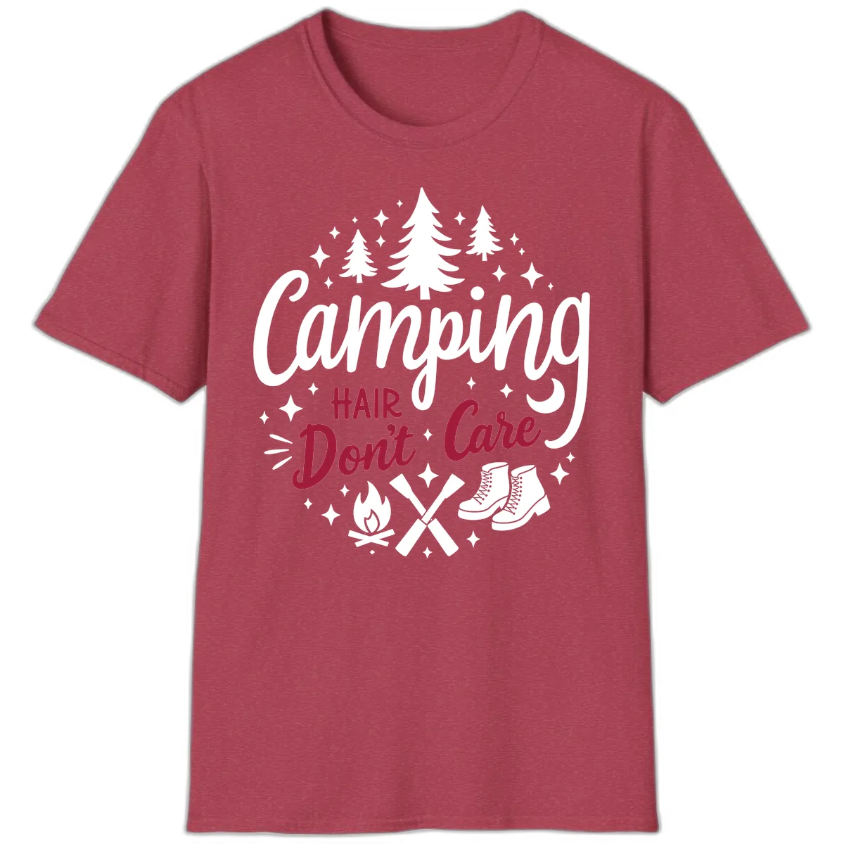 Camping Hair Don't Care T-Shirt in Heather Cardinal