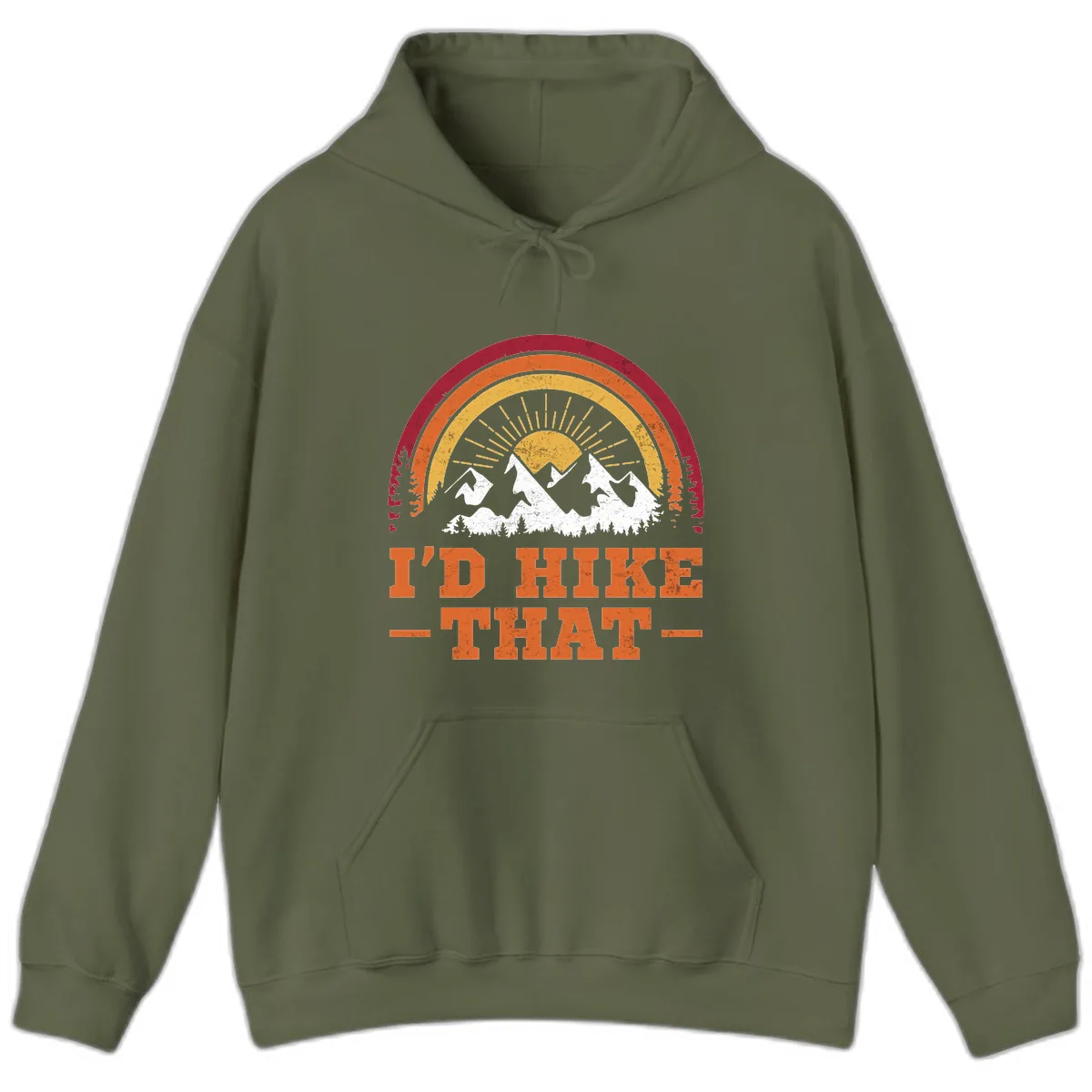 I'd Hike That Mountain Sunset Hoodie in Military Green