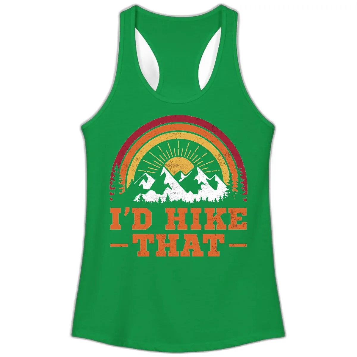 I'd Hike That Mountain Sunset Ladies Tank in Solid Kelly Green