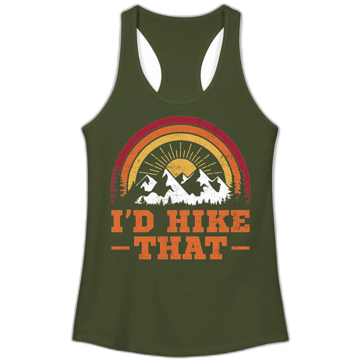 I'd Hike That Mountain Sunset Ladies Tank in Solid Military Green