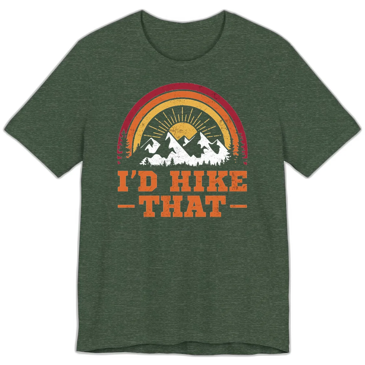 I'd Hike That Mountain Sunset Premium T-Shirt in Heather Forest