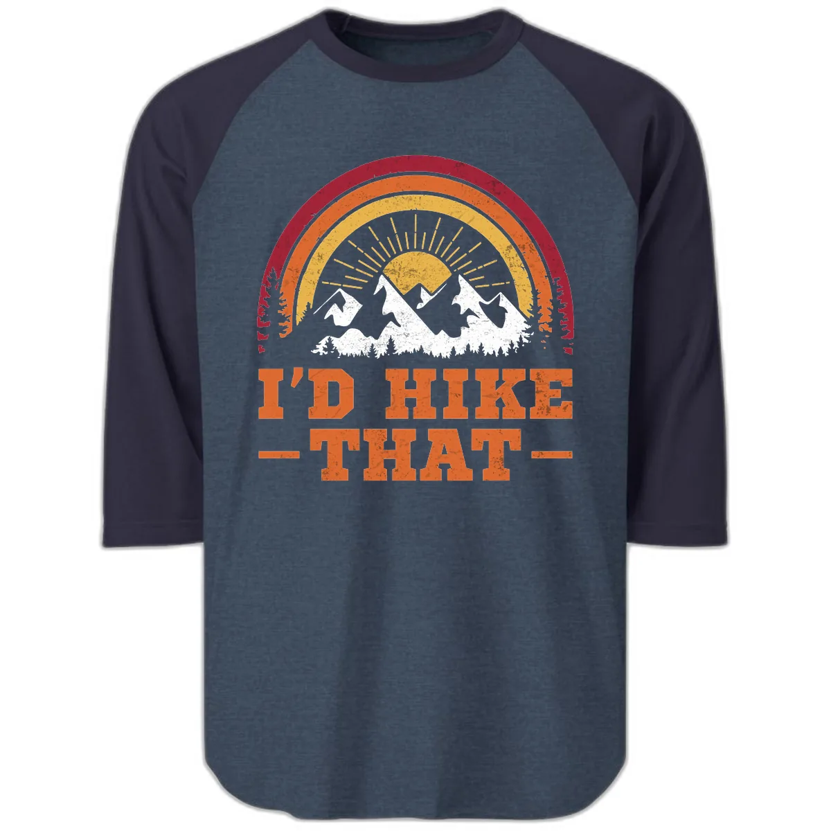 I'd Hike That Mountain Sunset Raglan 3/4 in Heather Denim Navy