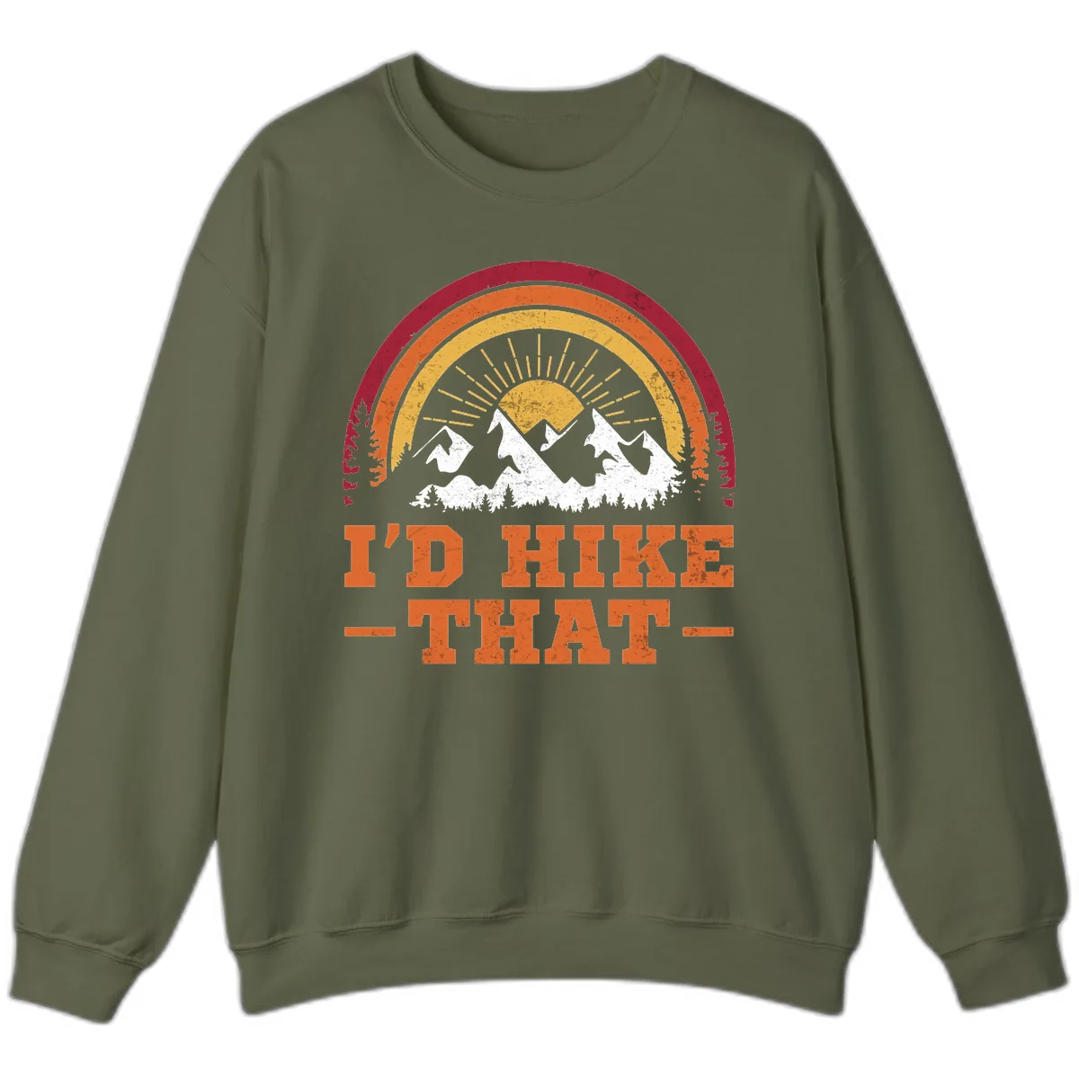 I'd Hike That Mountain Sunset Sweatshirt in Military Green