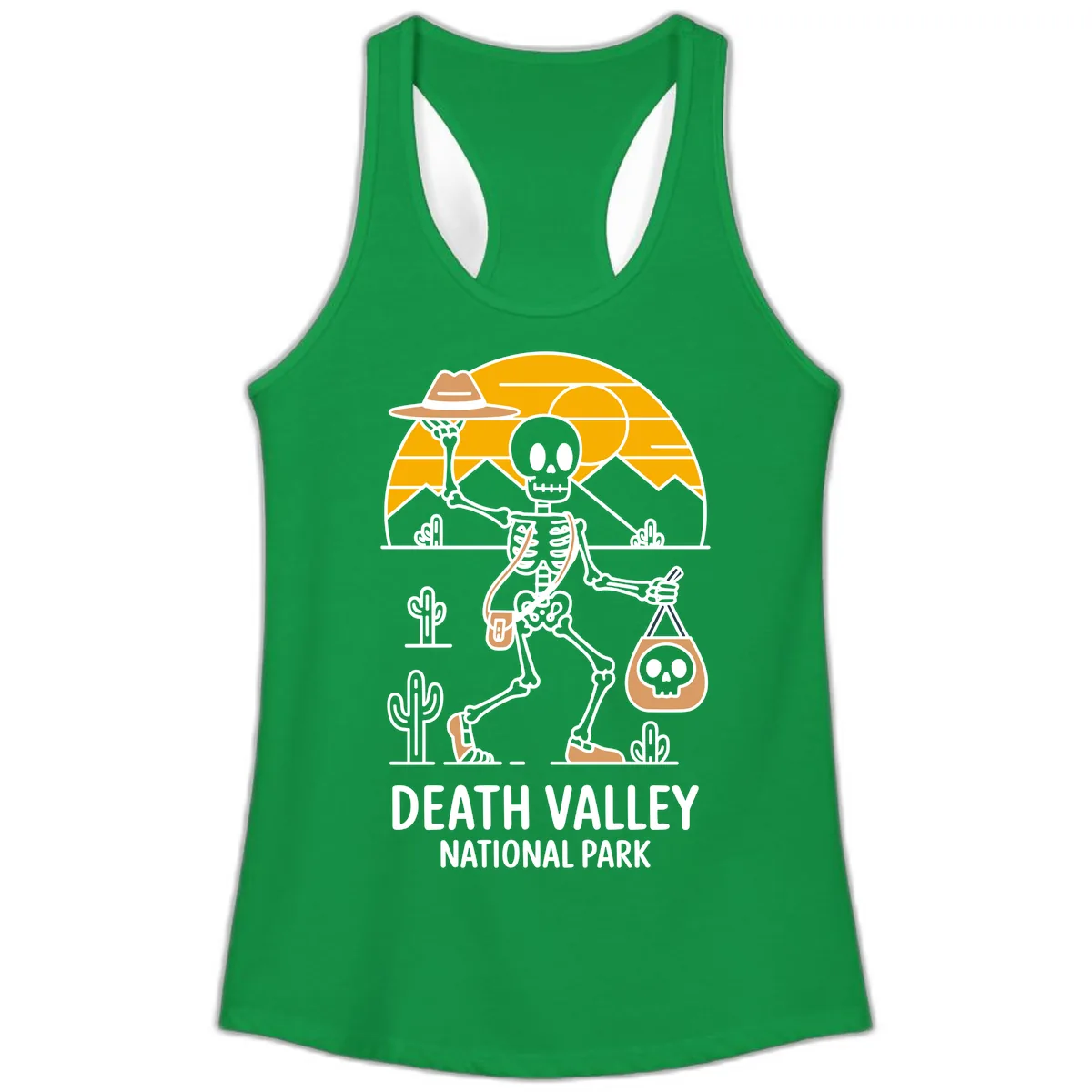 Death Valley Skeleton Cowboy Ladies Tank in Solid Kelly Green