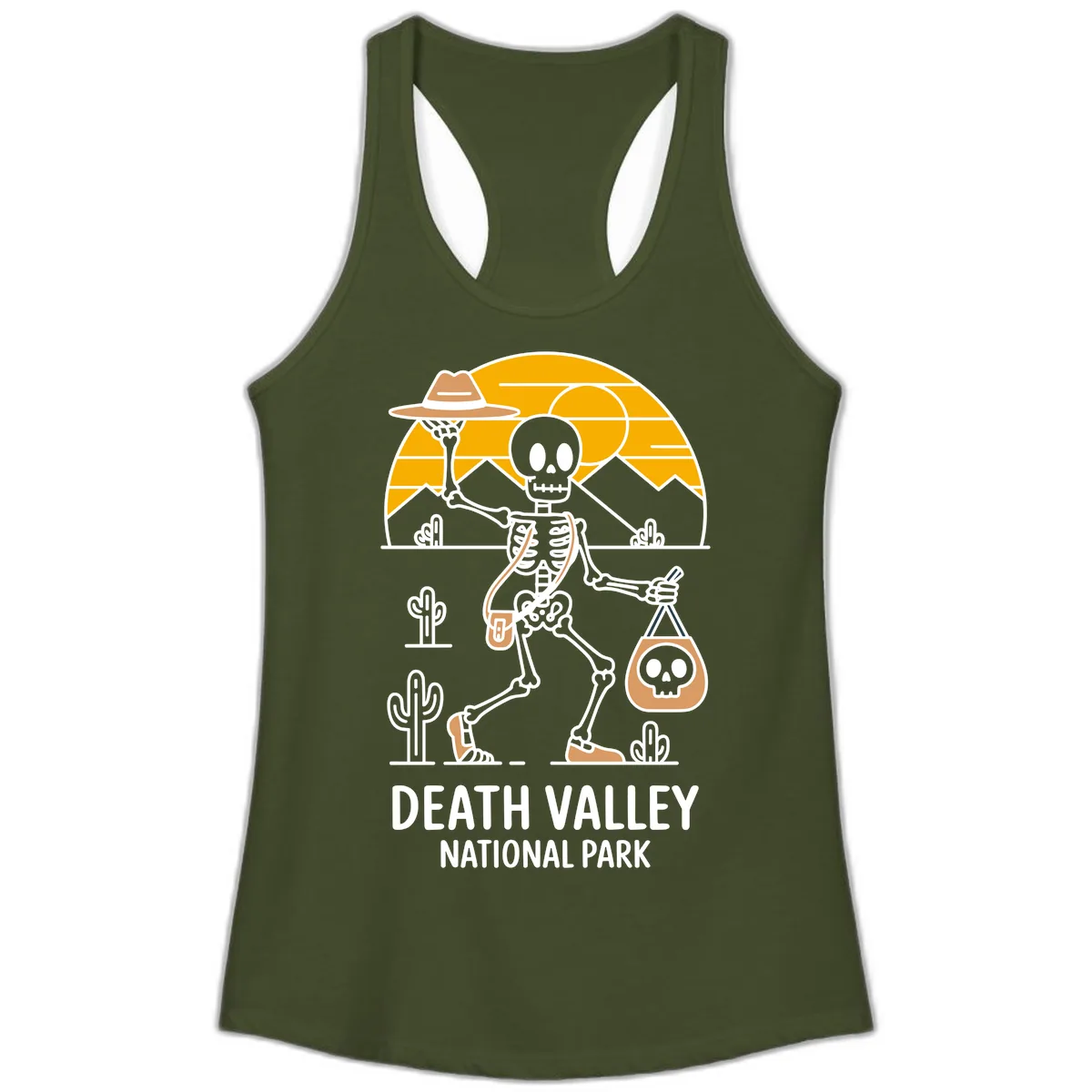 Death Valley Skeleton Cowboy Ladies Tank in Solid Military Green