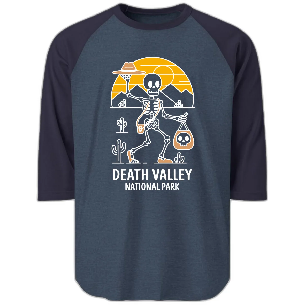 Death Valley Skeleton Cowboy Raglan 3/4 in Heather Denim Navy
