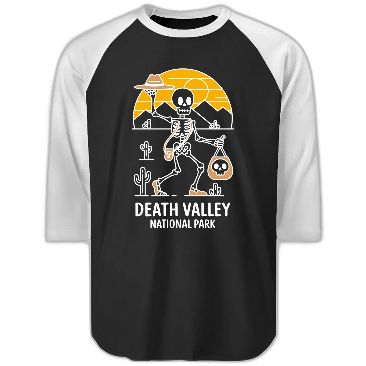 Death Valley Skeleton Cowboy Raglan 3/4 in Black White