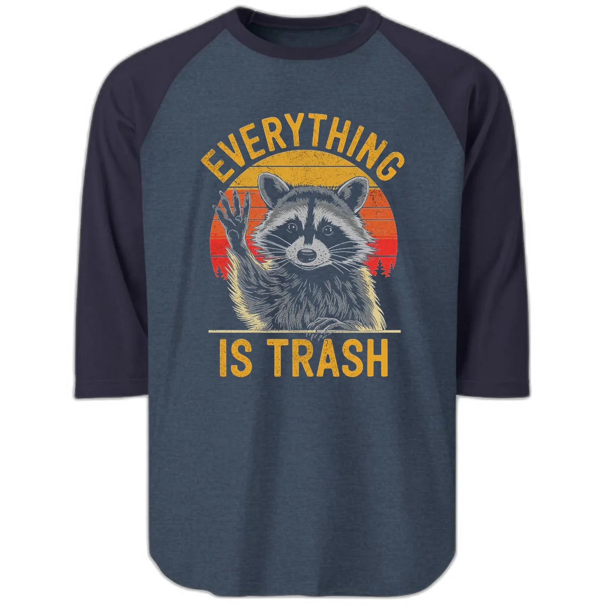 Everything Is Trash Raccoon Raglan 3/4 in Heather Denim Navy