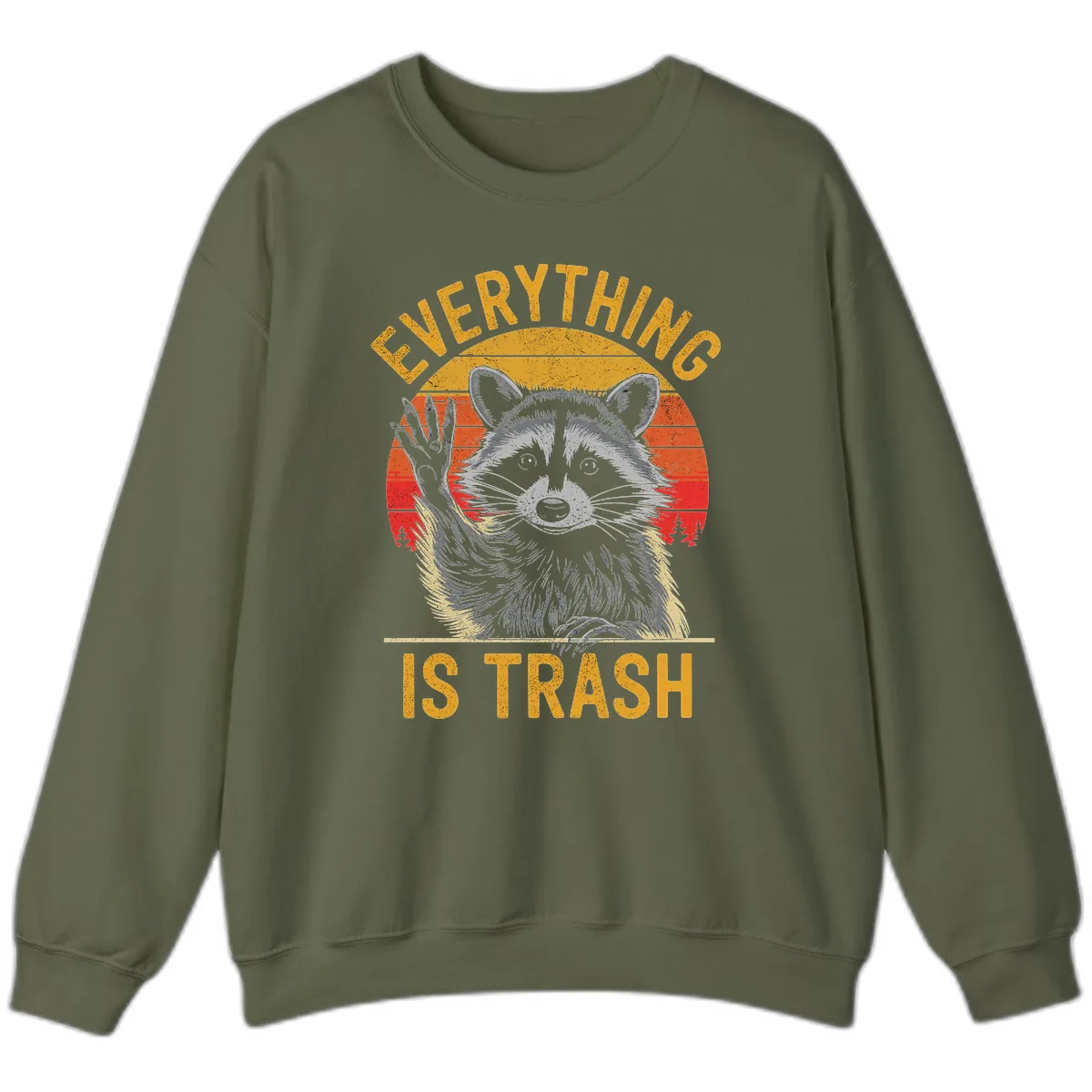 Everything Is Trash Raccoon Sweatshirt in Military Green