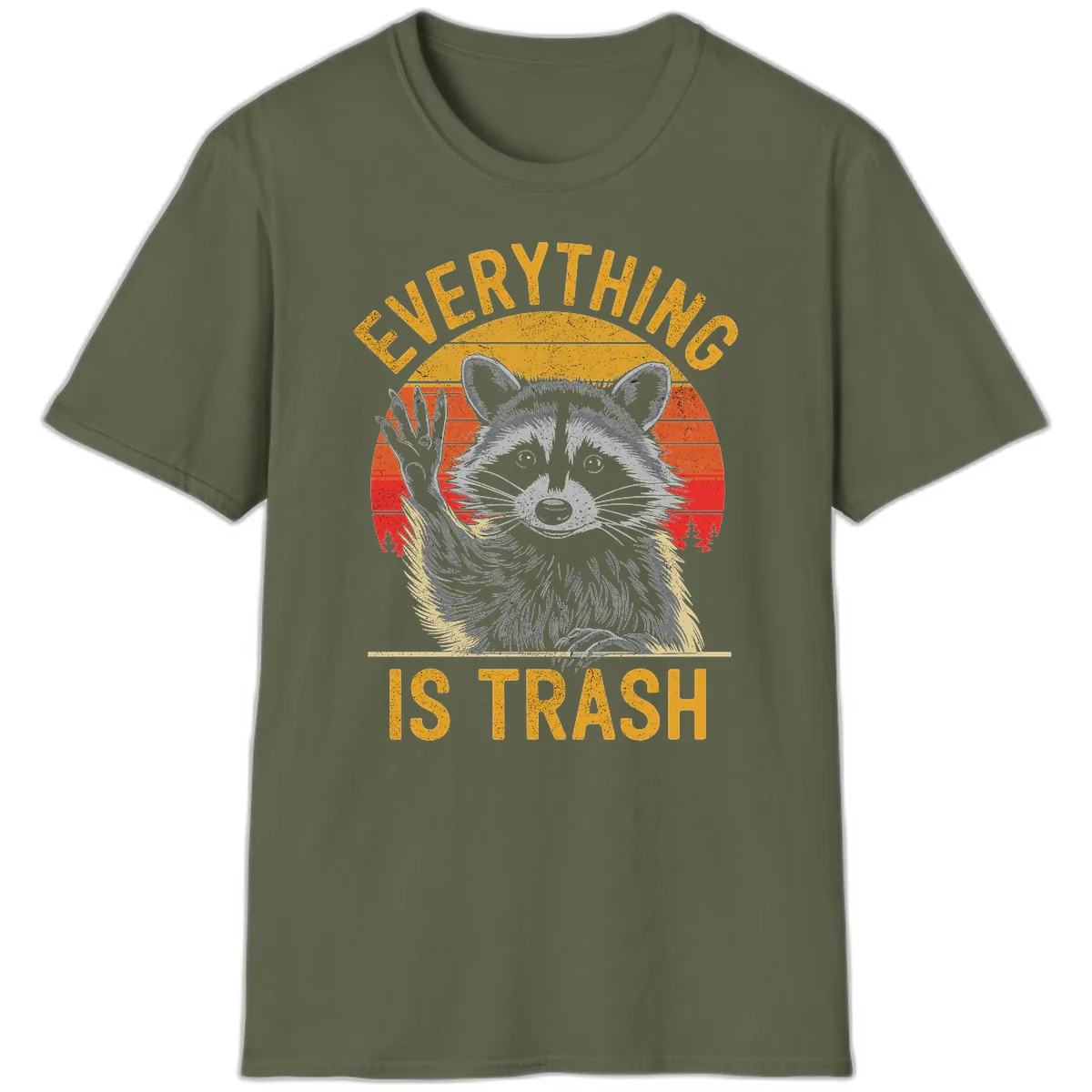 Everything Is Trash Raccoon T-Shirt in Military Green
