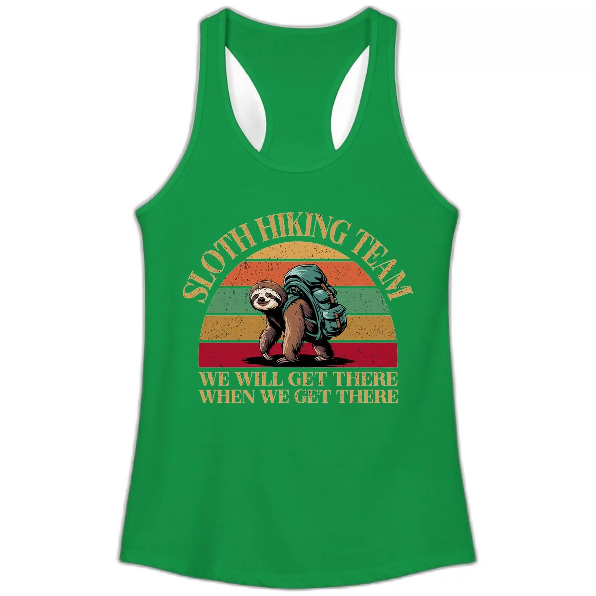 Sloth Hiking We Will Get There Ladies Tank in Solid Kelly Green