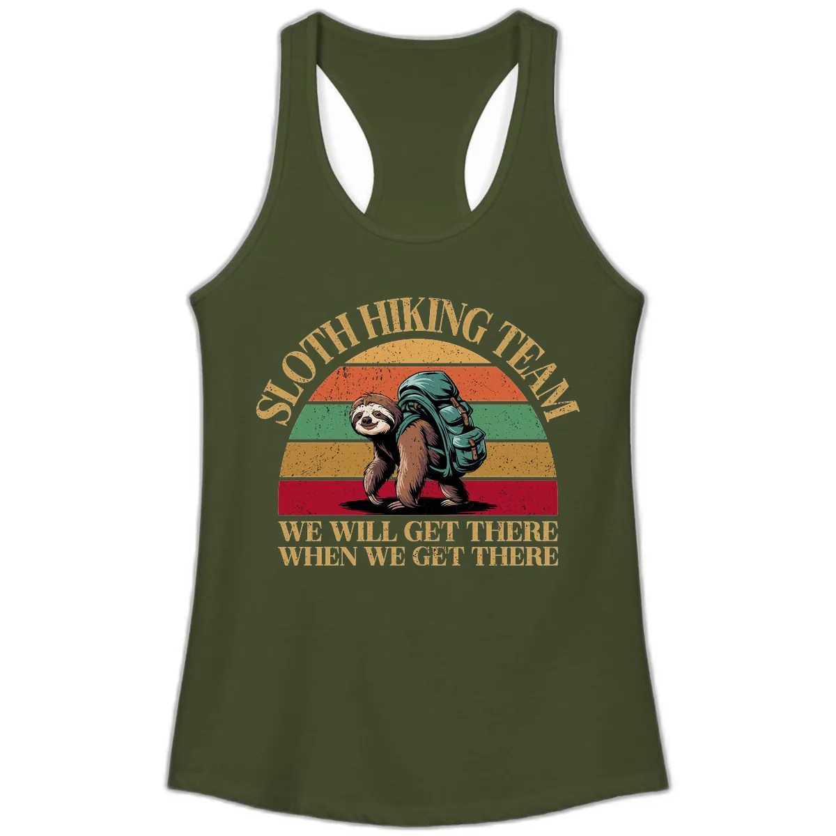 Sloth Hiking We Will Get There Ladies Tank in Solid Military Green