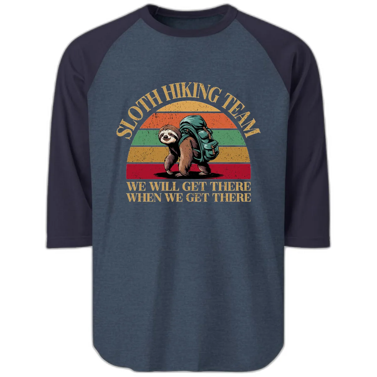 Sloth Hiking We Will Get There Raglan 3/4 in Heather Denim Navy