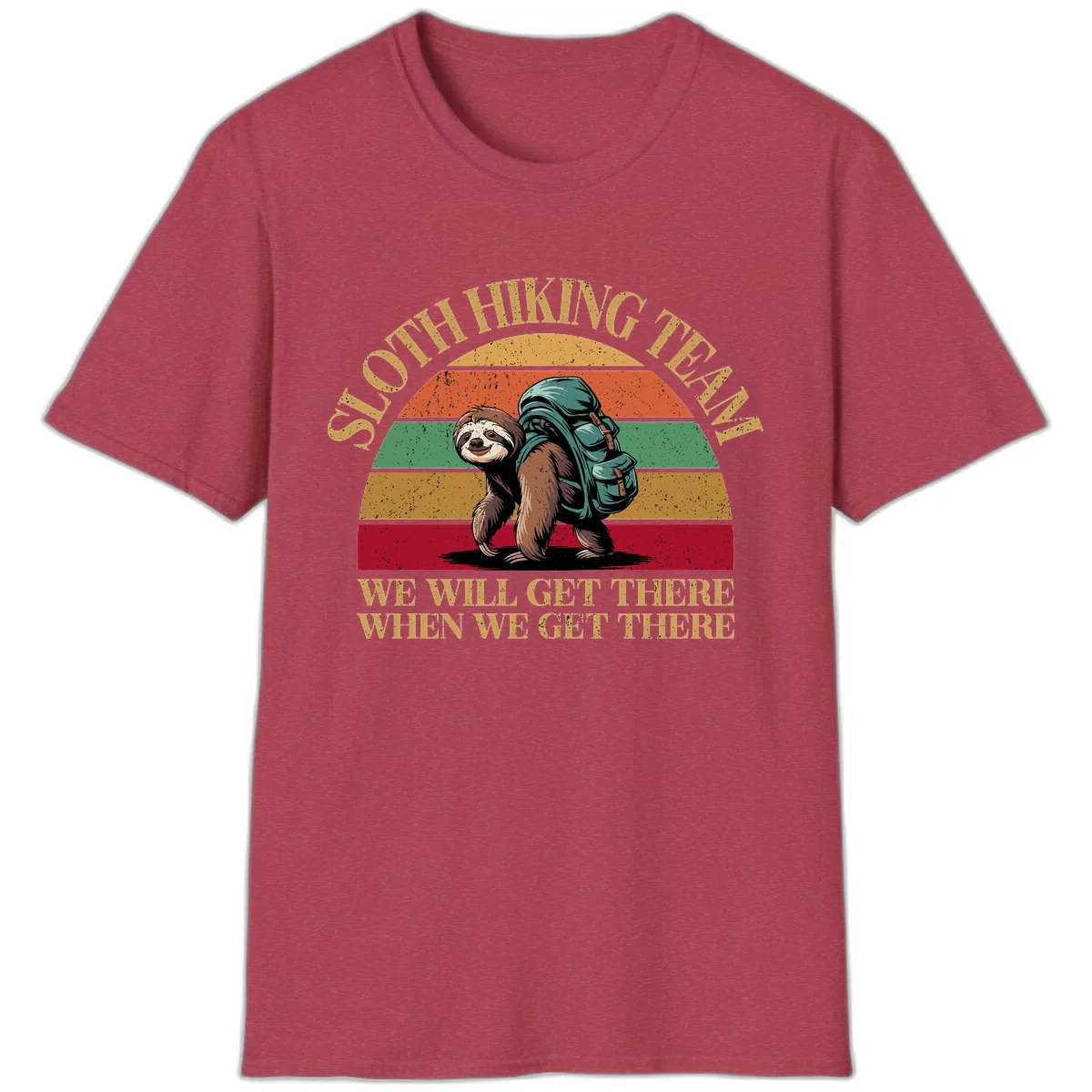 Sloth Hiking We Will Get There T-Shirt in Heather Cardinal