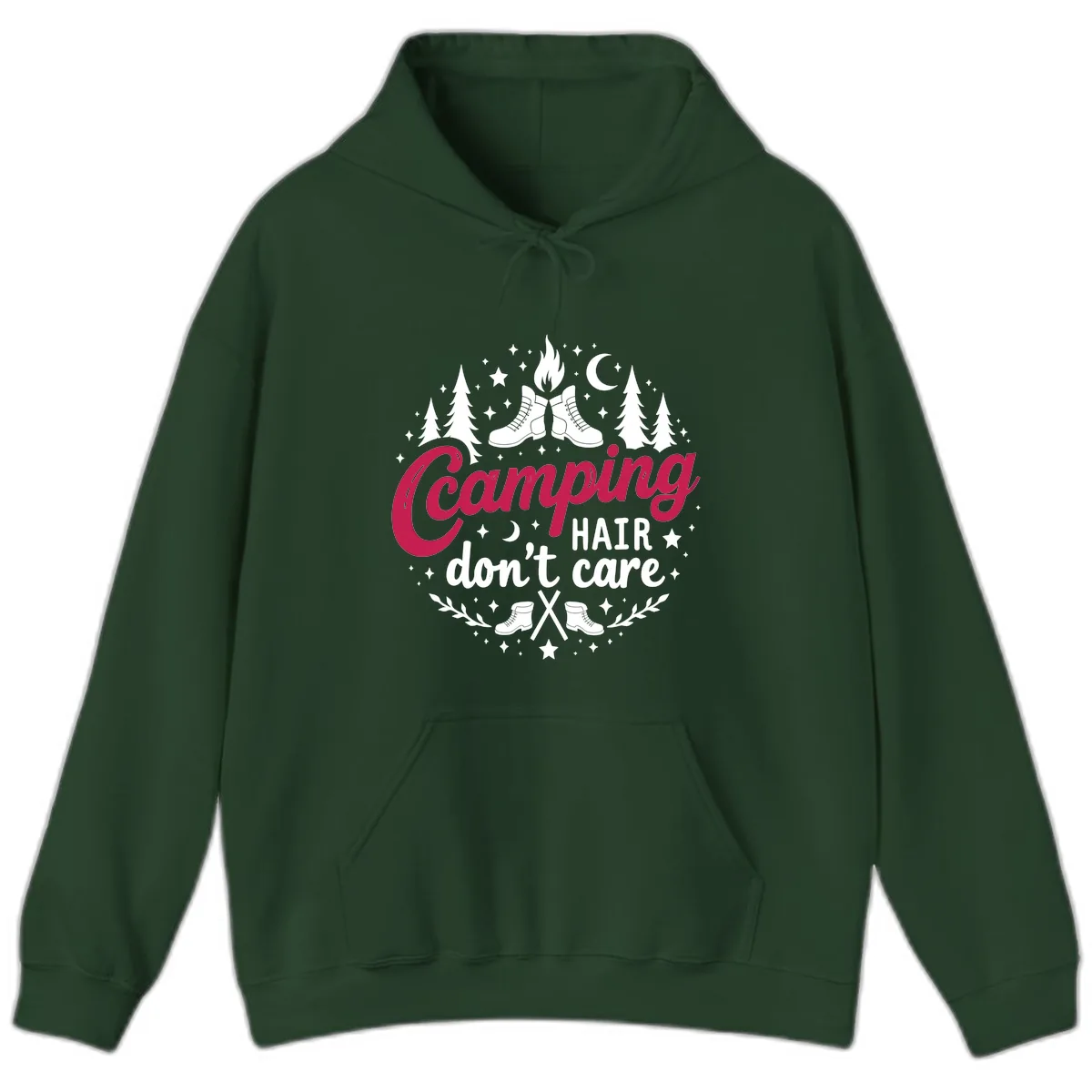 Camping Hair Don't Care Hoodie in Forest Green