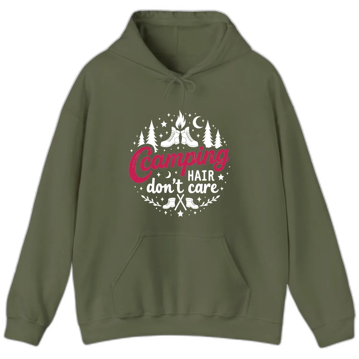 Camping Hair Don't Care Hoodie in Military Green