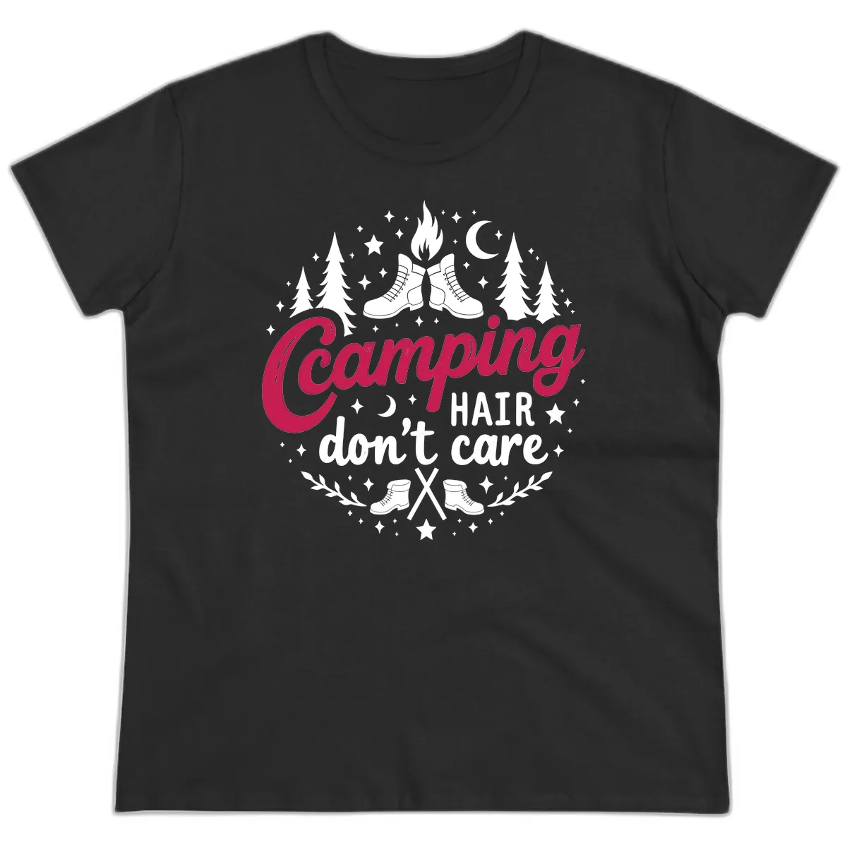 Camping Hair Don't Care Ladies Tee in Black