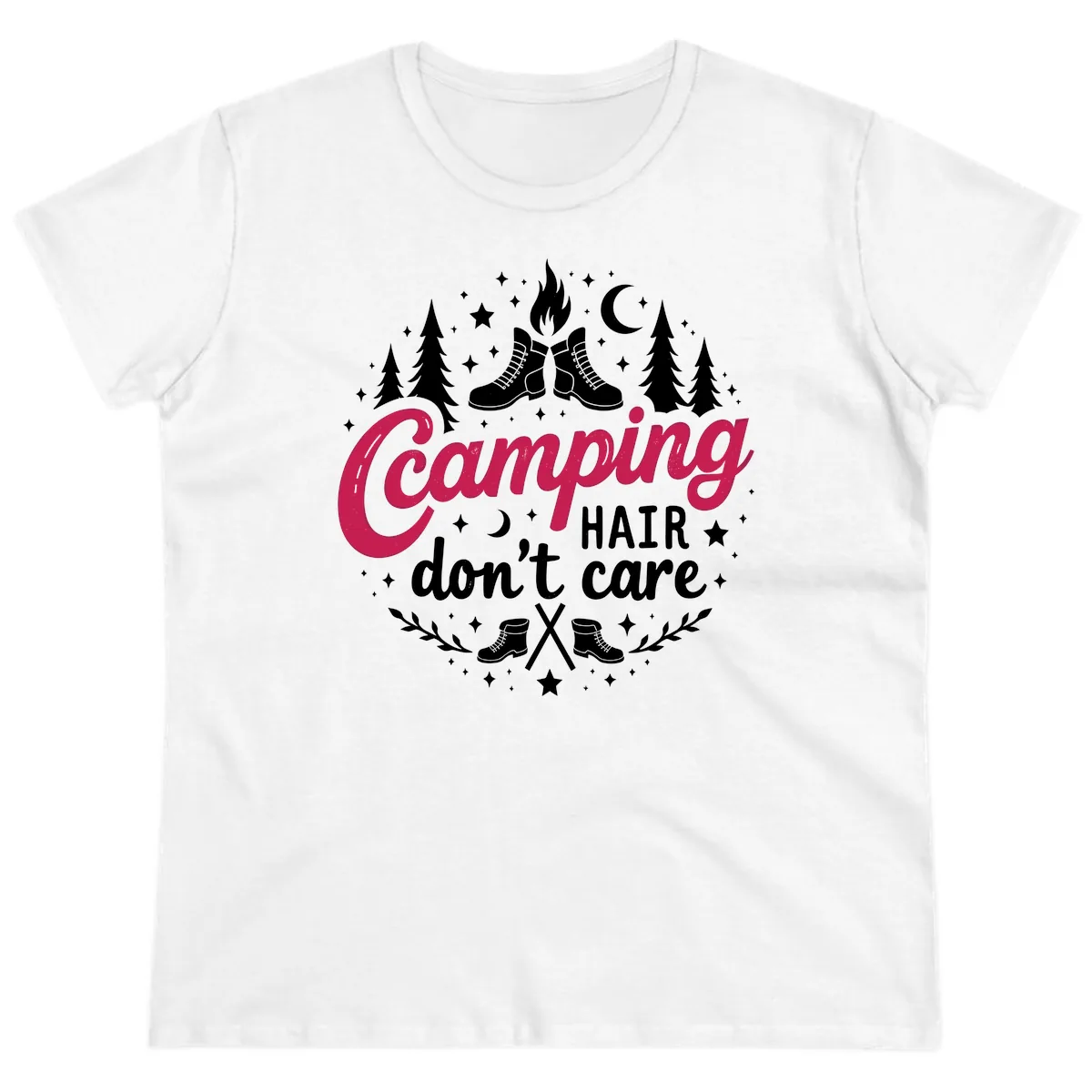 Camping Hair Don't Care Ladies Tee in White