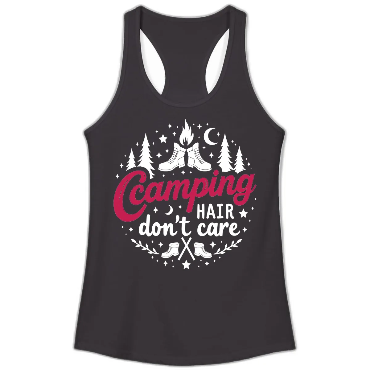 Camping Hair Don't Care Ladies Tank in Black