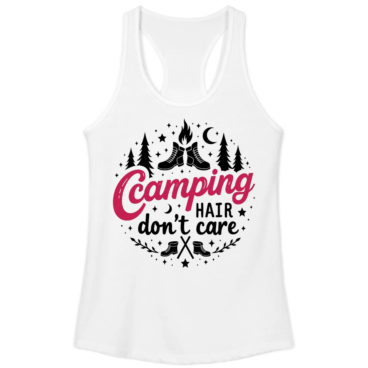 Camping Hair Don't Care Ladies Tank in White